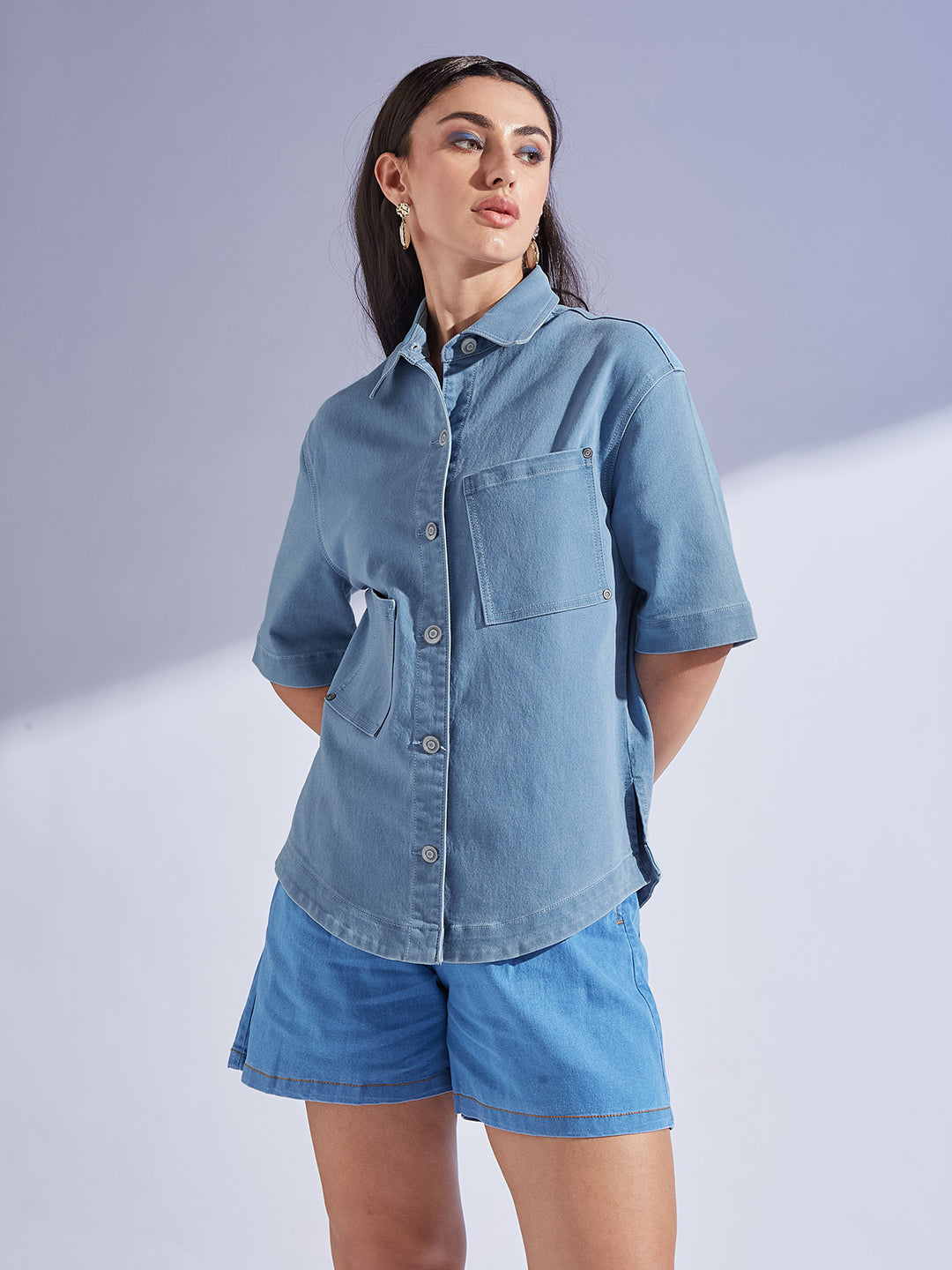 Women's Light Blue Shirt Collar Half Sleeve Asymmetrical Panelled Regular-Length Denim Shirt