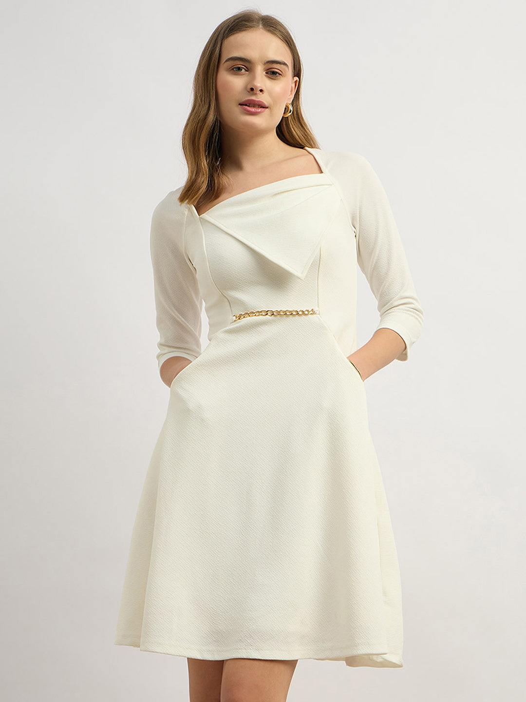 Women's Off White Solid Square Neck Raglan Sleeves Side Pocketed Polyester Fit and Flare Knee-Length Dress