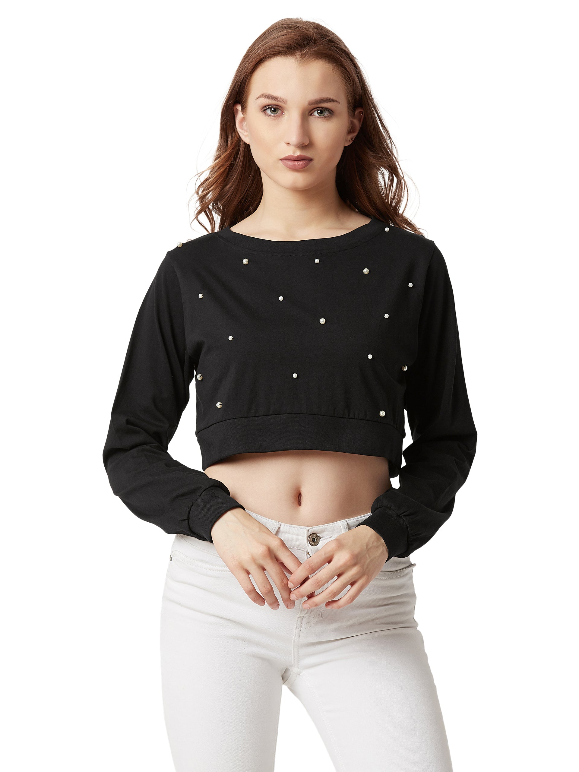 Women's Black Round Neck Full Sleeves Cotton Solid Boxy Pearl Detailing Crop Top