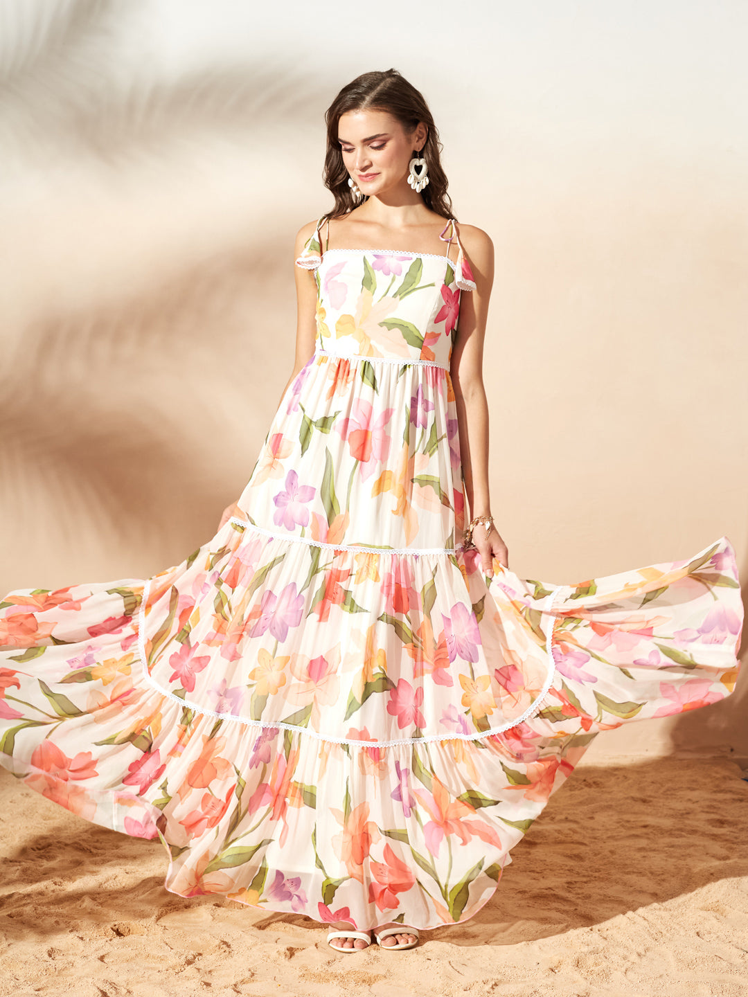 Green & Orange Shoulder Tie-Up Floral Tiered Maxi Chiffon Dress for Women