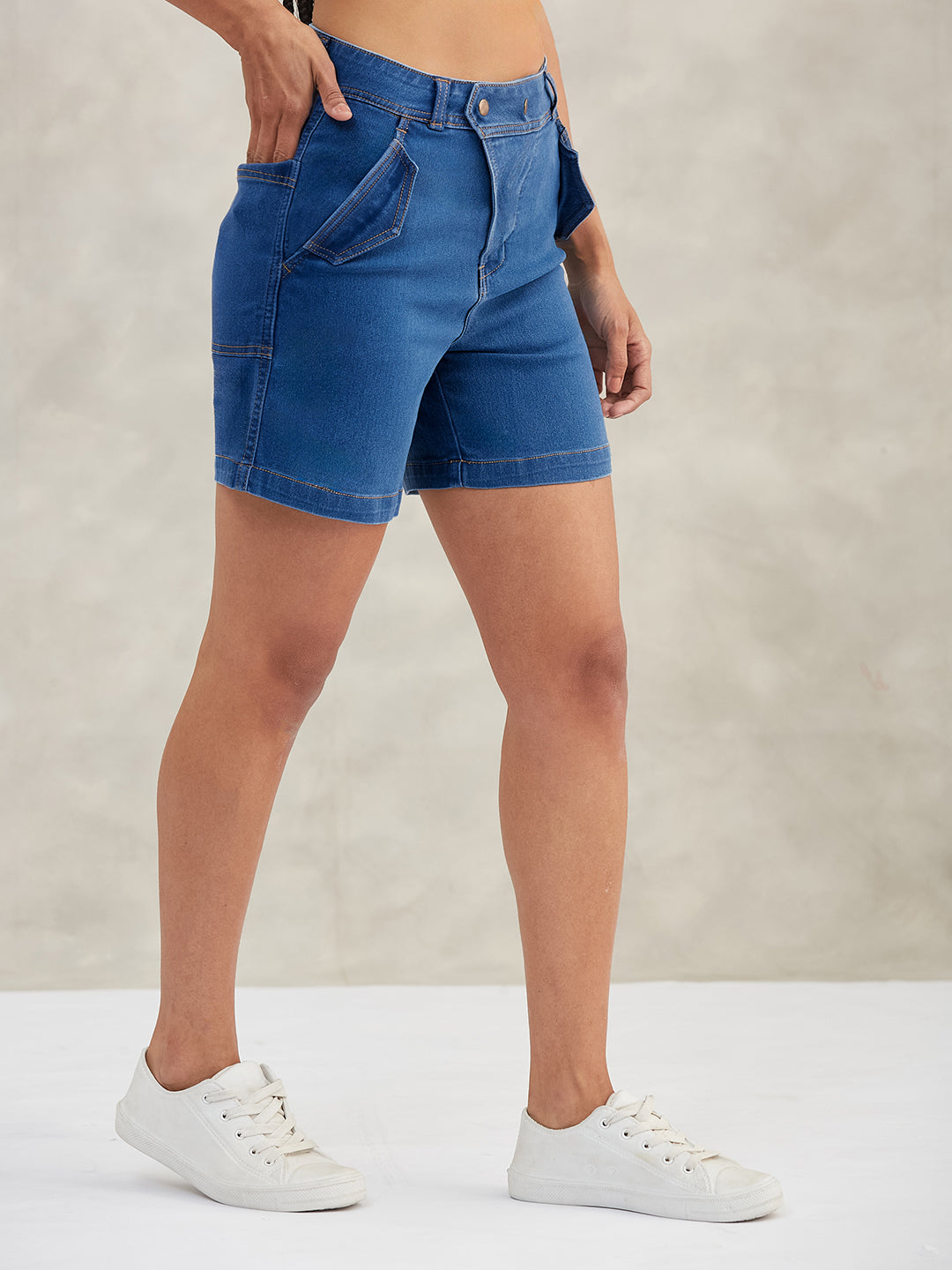 Women's Relaxed-Fit Mid-Rise Stretchable Blue Denim Bermuda Shorts