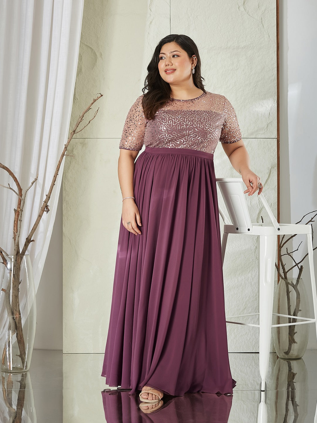 Mauve Relaxed Fit Maxi Georgette & Sequins Dress for Women