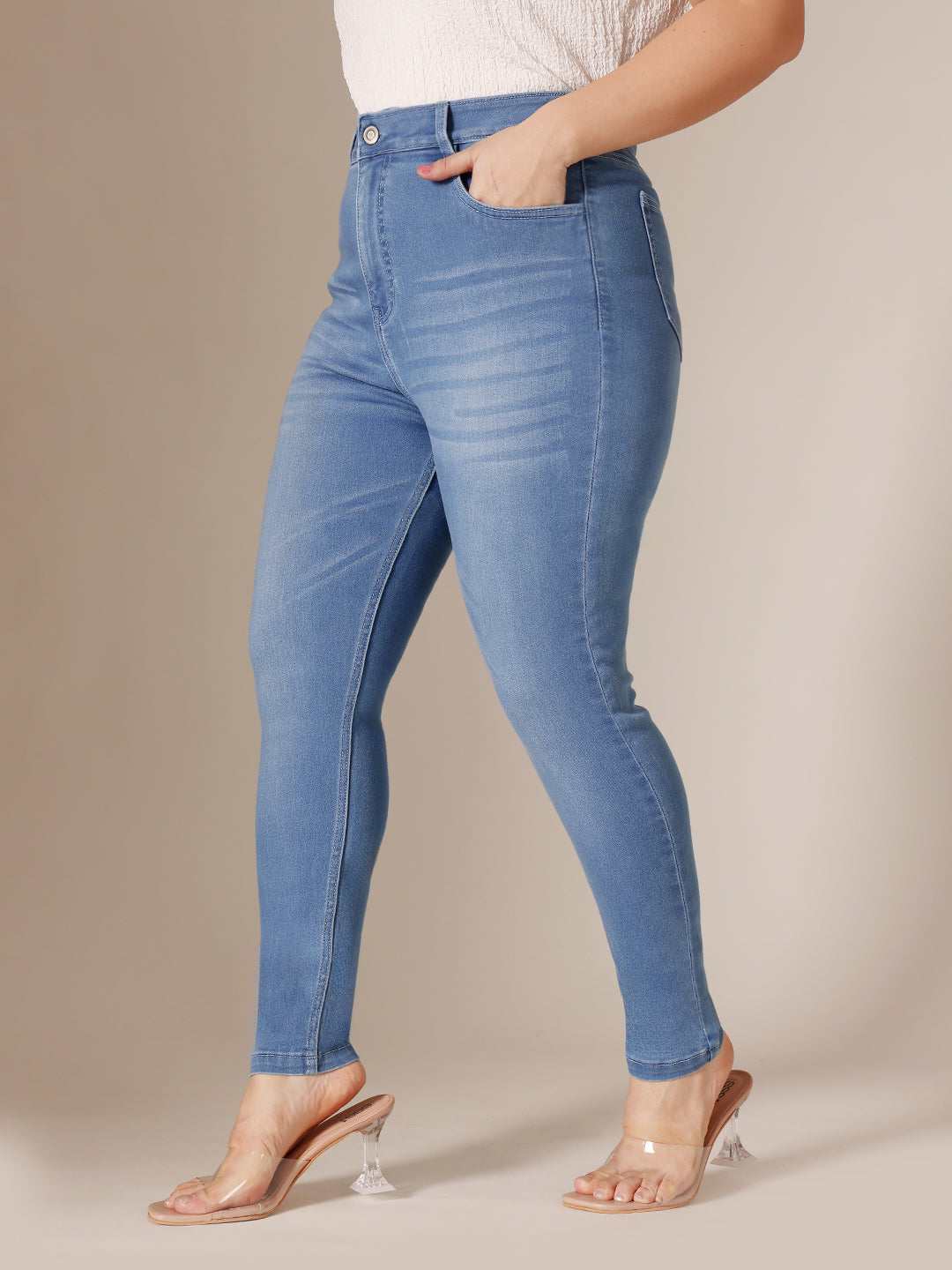 Light Blue Super Skinny High Rise Clean Look Regular Length Stretchable Denim Jeans for Women