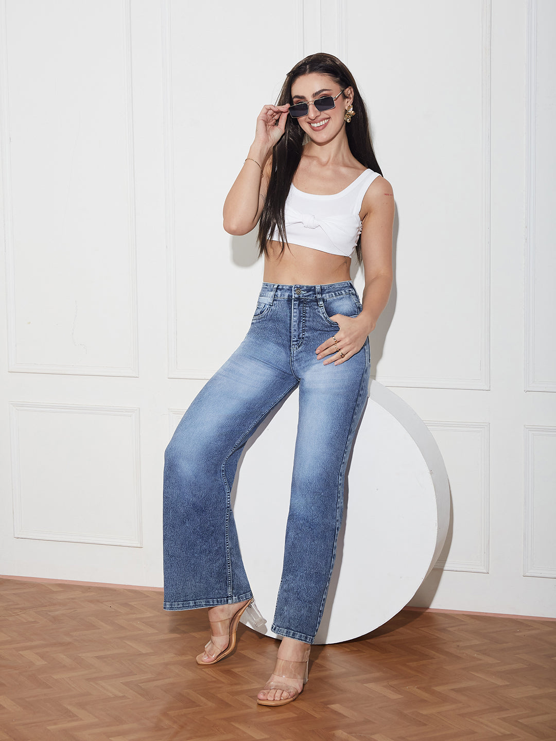 Women's Light Blue Wide-Leg High-Rise Clean-Look Regular-Length Stretchable Denim Jeans