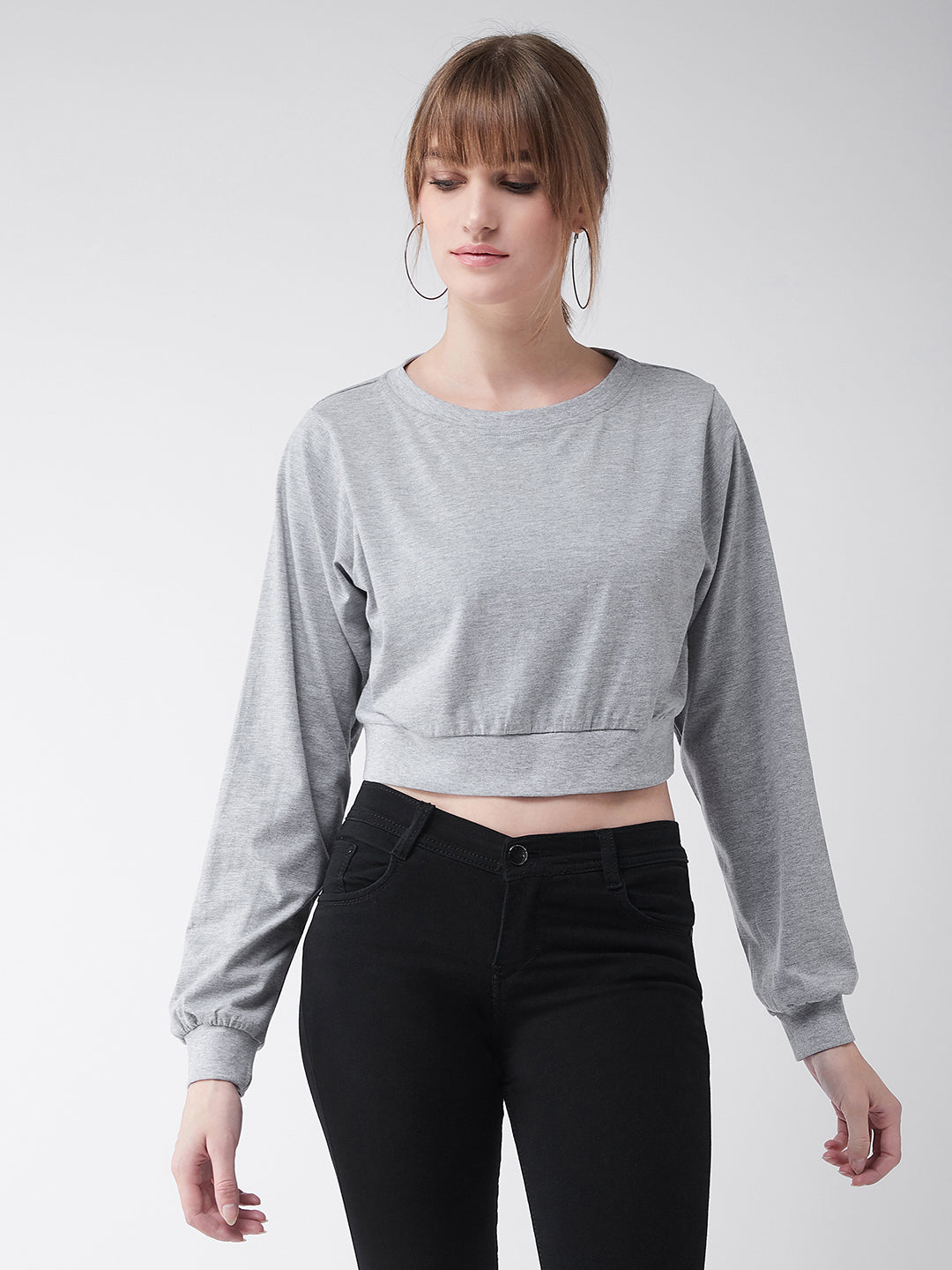 Women's Grey Round Neck Full Sleeves Solid Crop Top