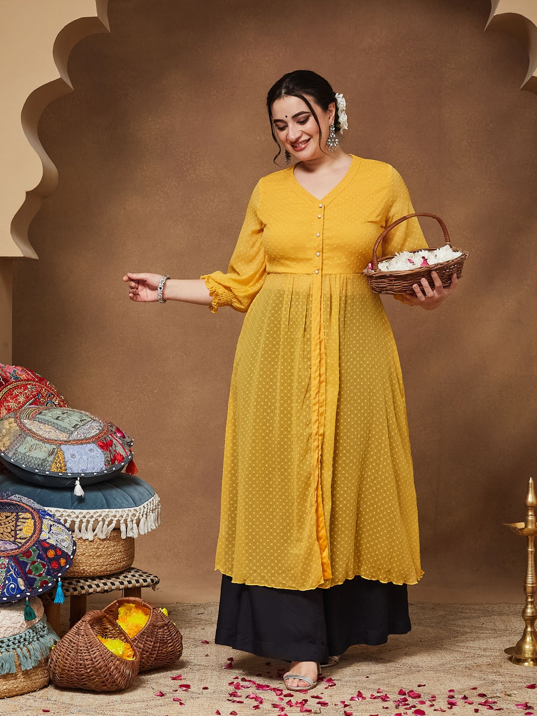 Mustard Yellow V-Neck 3/4 Sleeves solid empire Maxi Top for Women