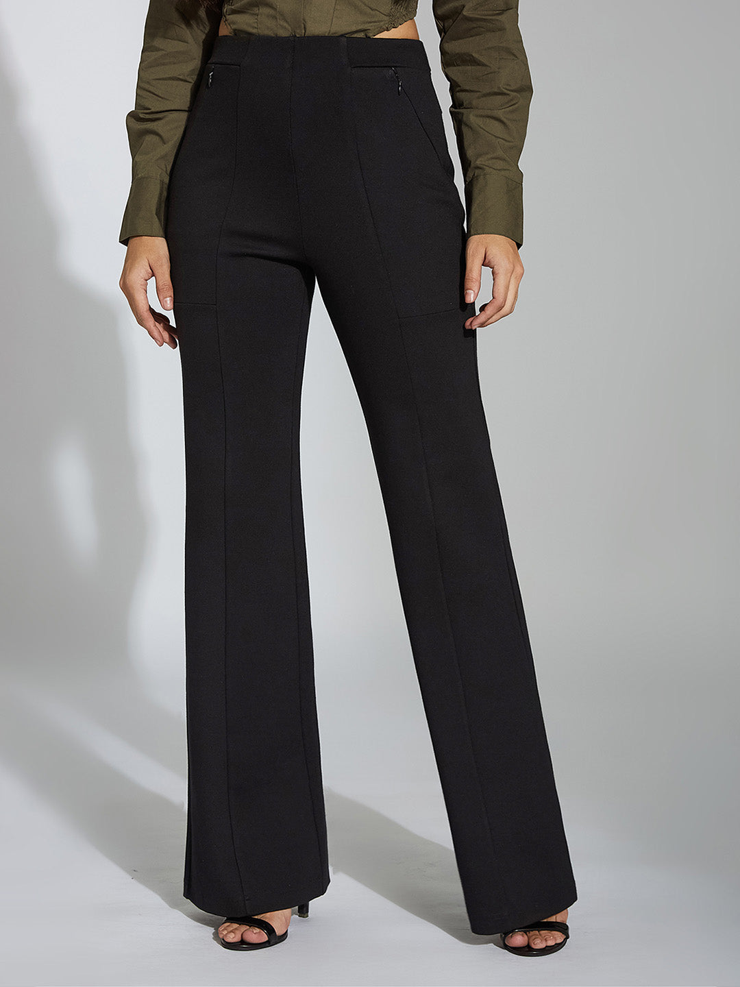 Women's Black Solid Bootcut Regular-Length Rayon Trouser