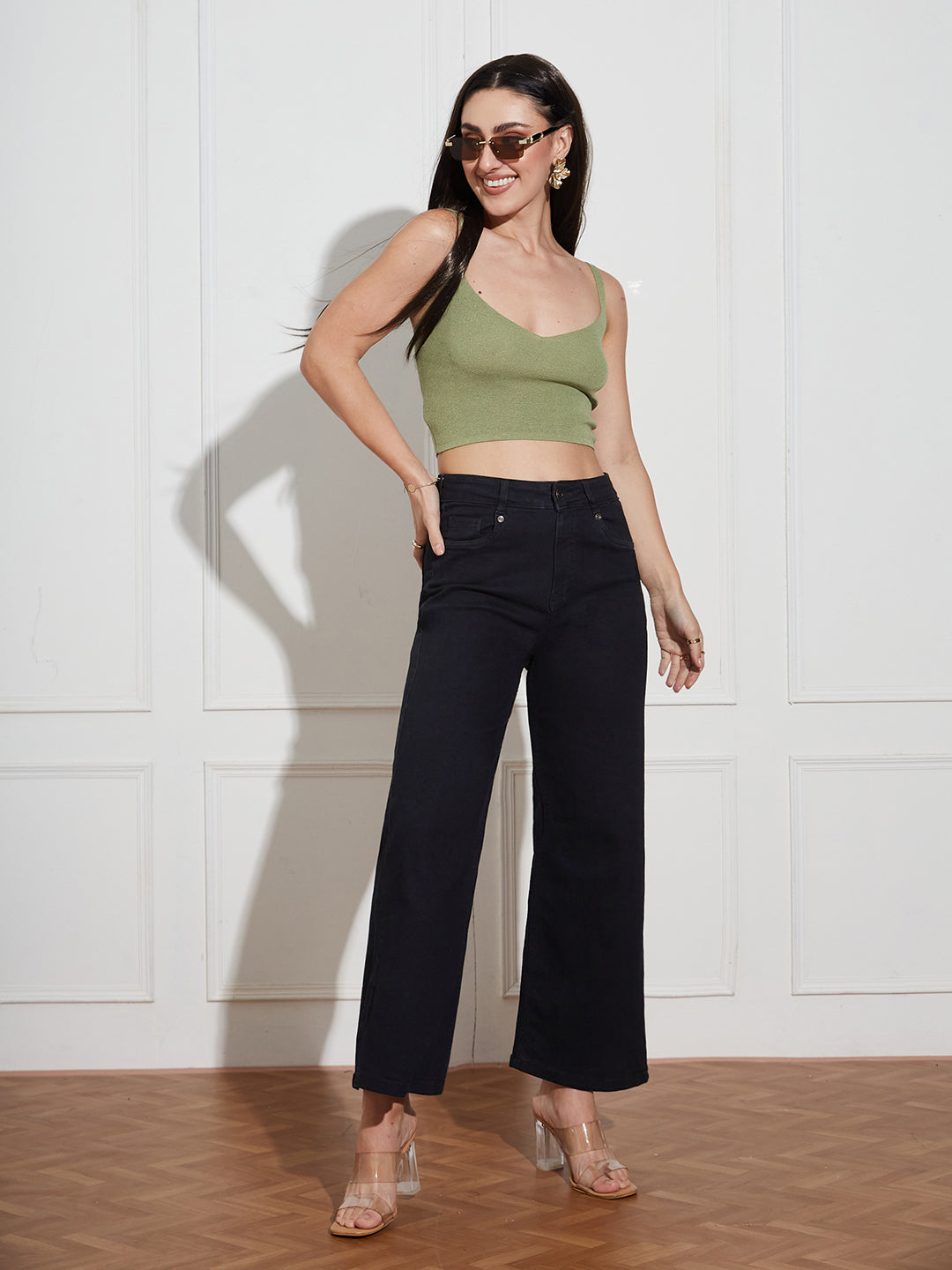 Women's Black Wide-Leg High Rise Clean Look Regular-Length Stretchable Denim Jeans