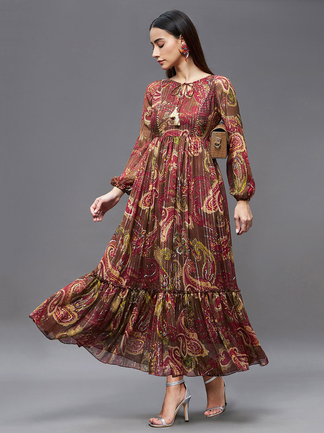 Women's Multicolored-Base-Brown Relaxed Fit Maxi Chiffon Dress