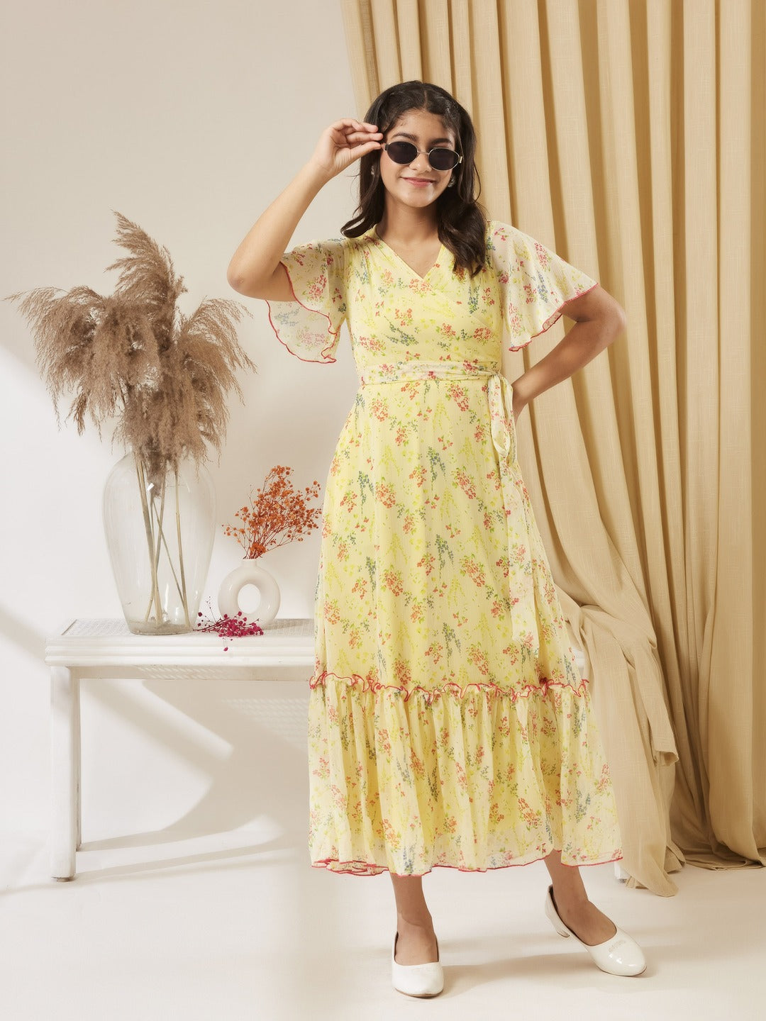 Yellow V Neck Flared Sleeve Floral Wrap Maxi Dress for Girls/Teenagers