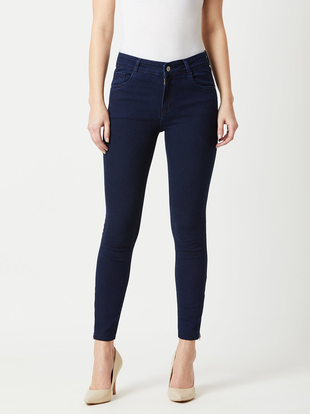 Women's Navy Blue Skinny Fit Mid Rise Cropped Length Zipper Detailing Denim Stretchable Jeans