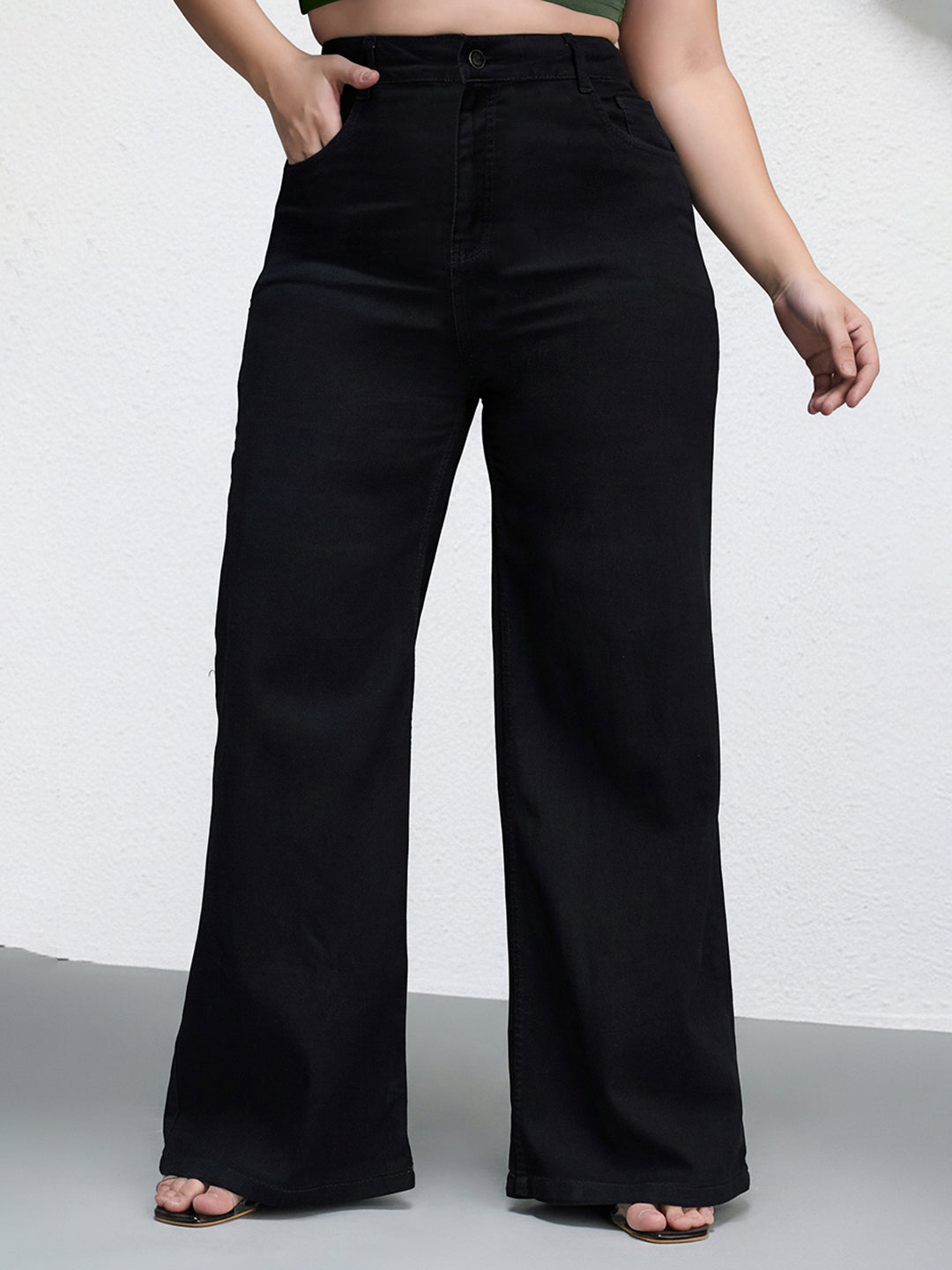 Black Wide Leg High Rise Stretchable Denim Jeans for Women