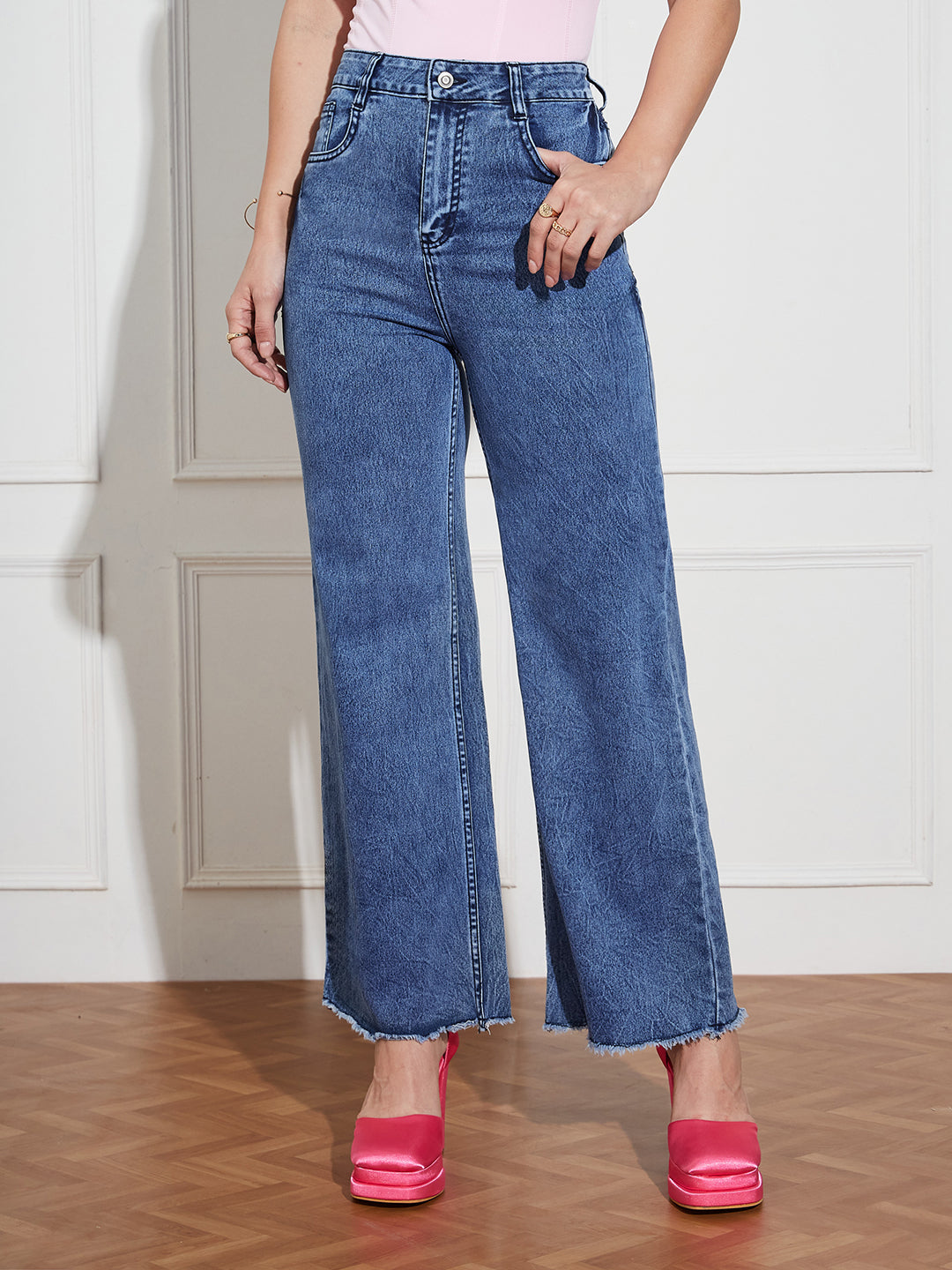 Women's Navy-Blue Wide Leg High-Rise Clean Look Regular Stretchable Denim Jeans