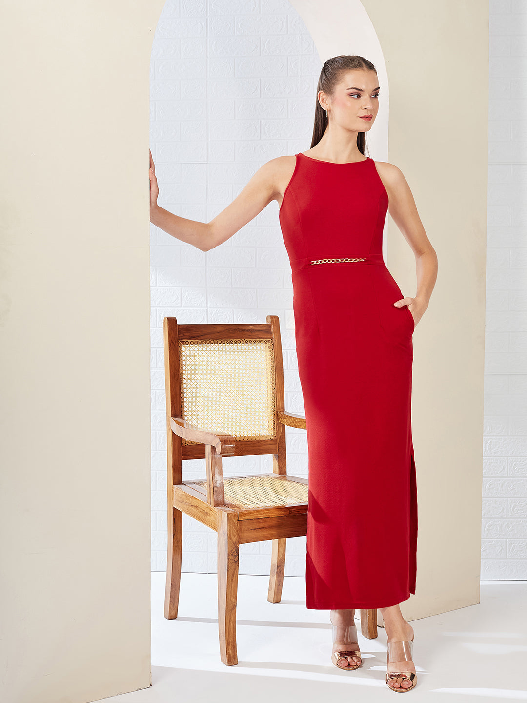 Cherry Red Solid Slim Fit Round Neck Sleeveless Maxi Dress  for Women — Miss Chase