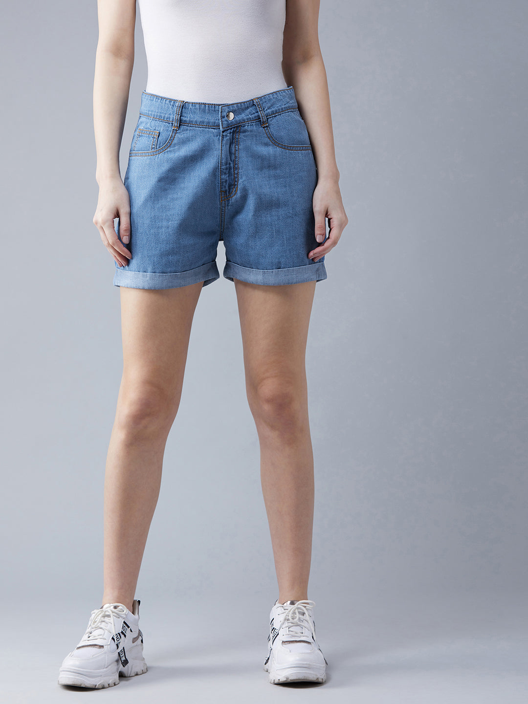 Women's Blue Relaxed Fit Light Weight Mid Rise Denim Shorts