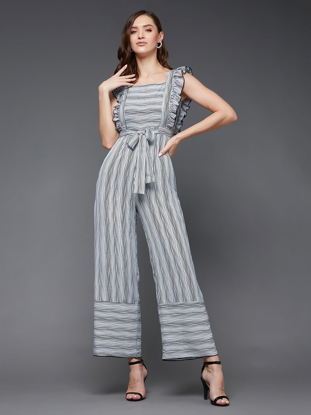 Women's Black and White Striped Square Neck Frilled Crepe Relaxed Fit Tie-Up Regular Jumpsuit