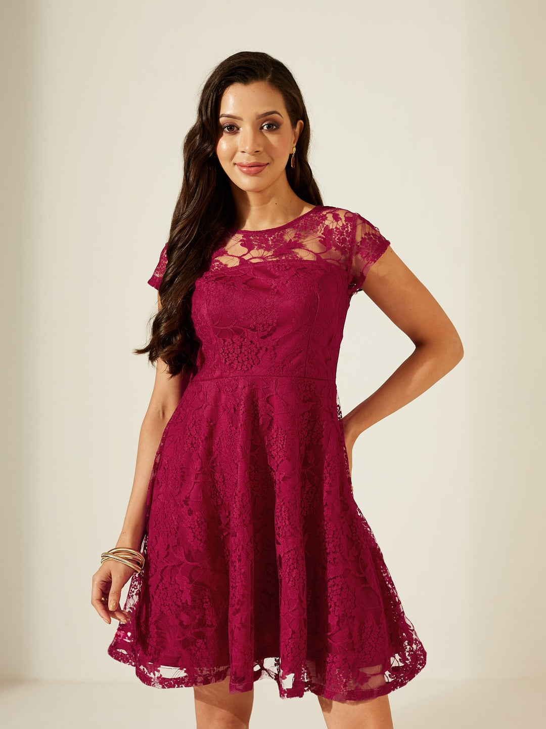 Dark Pink Round Neck Cap Sleeves Low Back Lace Skater Dress for Women