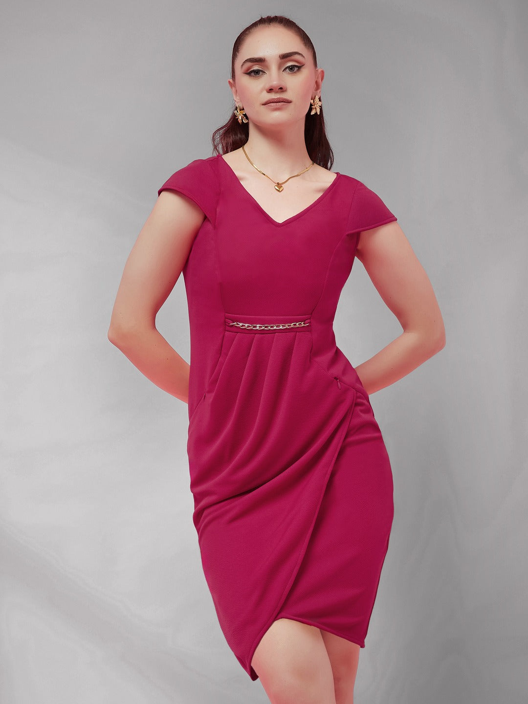 Pink Solid V Neck Cap Sleeves Polyester Side Pocketed Knee Long Dress for Women