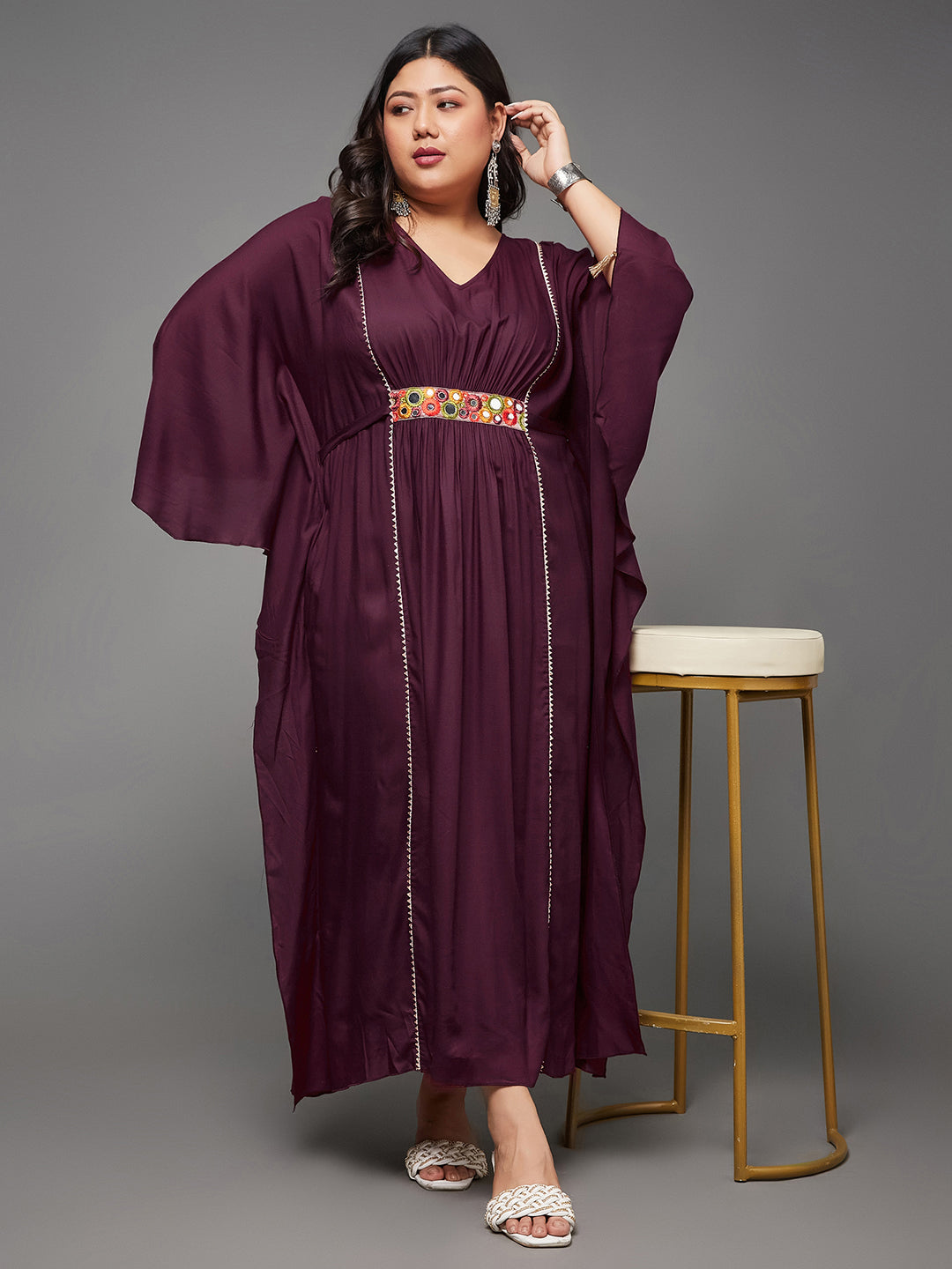 Women's Wine V-Neck 3/4 Sleeve Solid Viscose Rayon Maxi Kaftan Dress