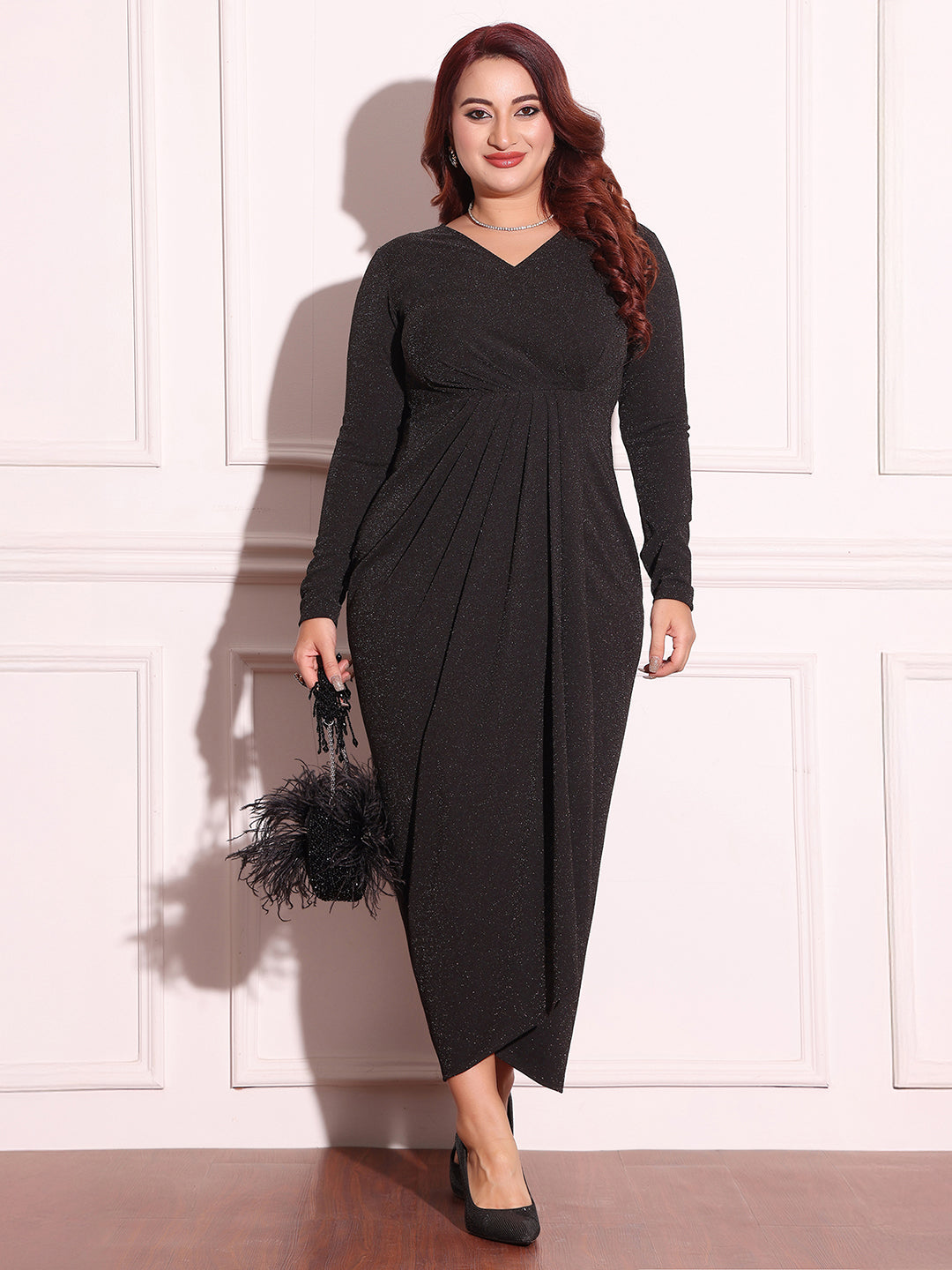Women's Black V-Neck Full Sleeve Self Design Wrap Polyester Midi Dress