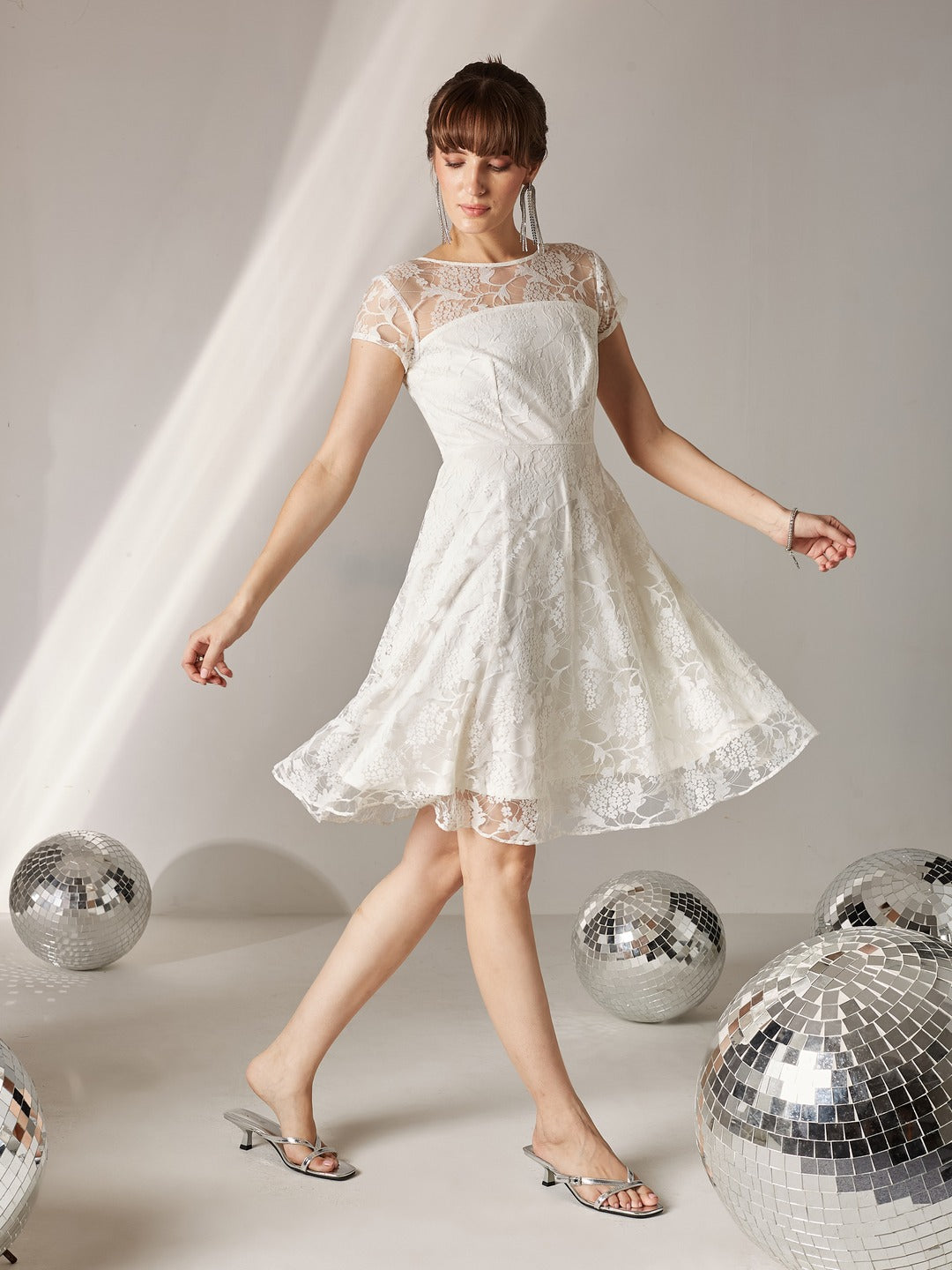 Off White Round Neck Cap Sleeve Self-Designed Skater Mini Dress for Women