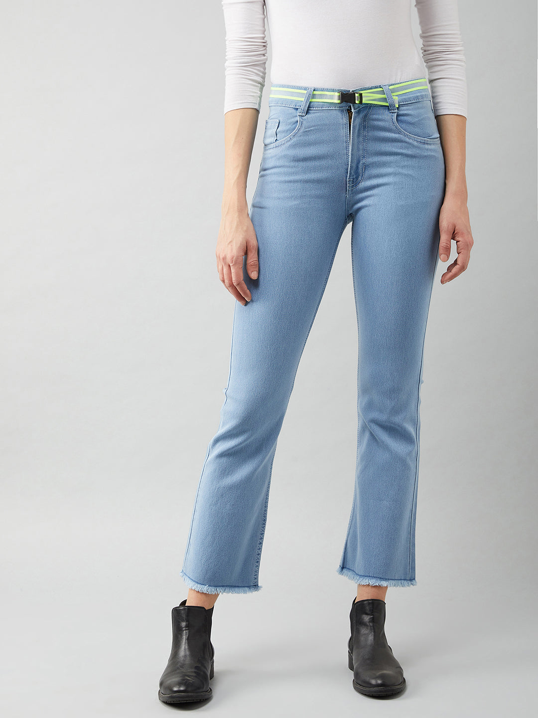 Women's Light Blue Bootcut High Rise Cropped Denim Stretchable Jeans