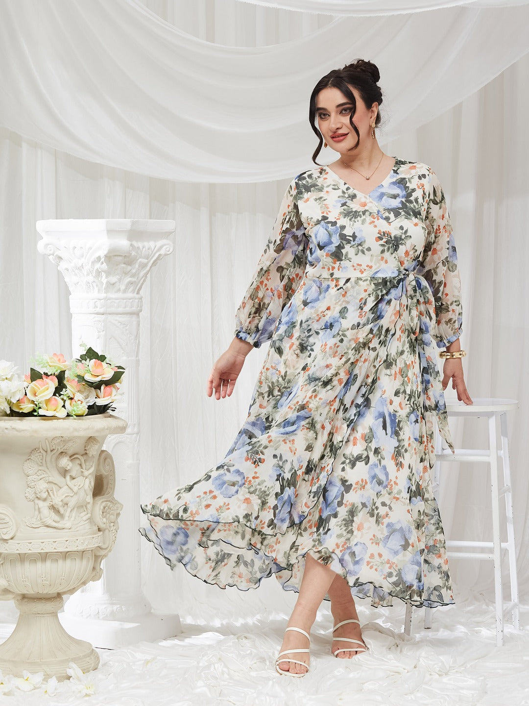 Off White V-Neck Three-Quarter Sleeve Floral Wrap Chiffon Midi Dress for Women