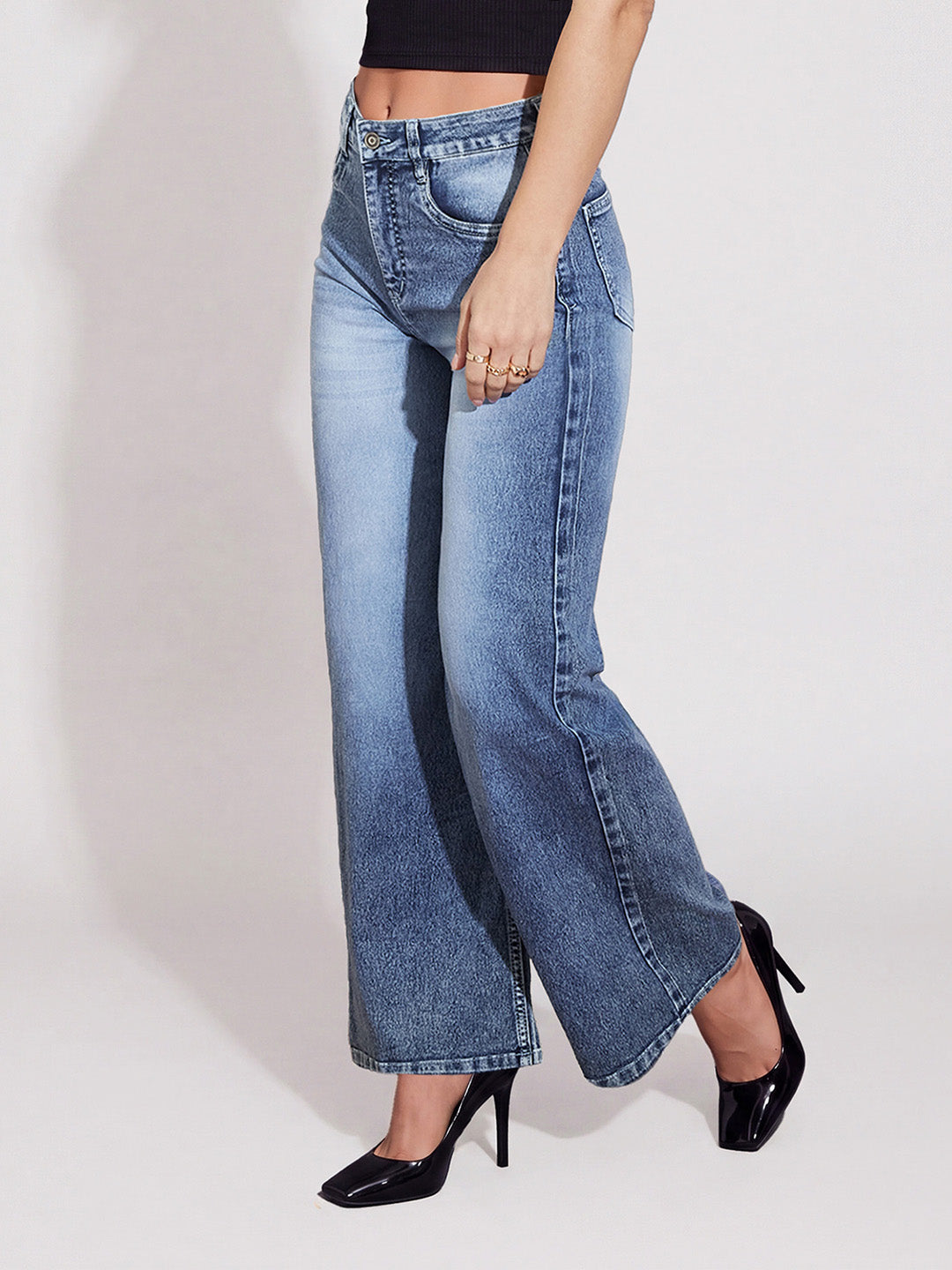 Light Blue Wide-Leg High-Rise Stretchable Denim Jeans for Women
