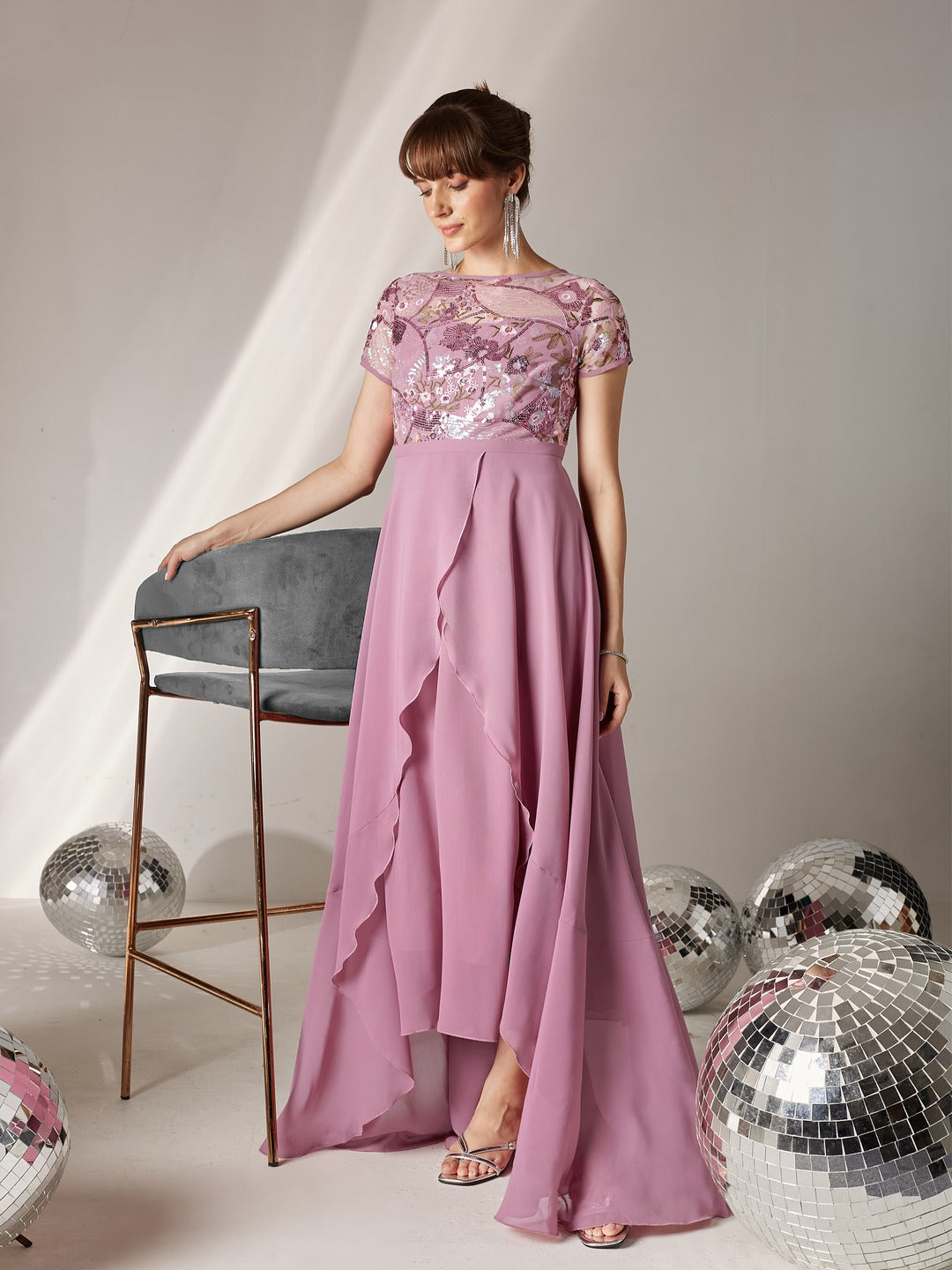 Dusty Lavender Round Neck Short Sleeve Floral Layered Georgette Midi Dress for Women