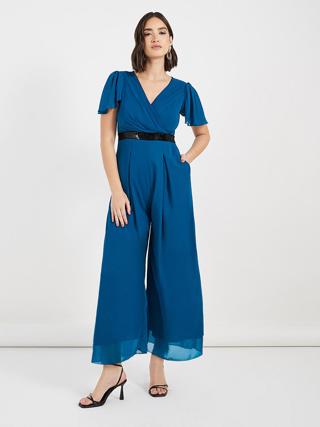Women's Royal Blue Solid Relaxed Fit Short Sleeve V-Neck Ankle-Length Straight Jumpsuit
