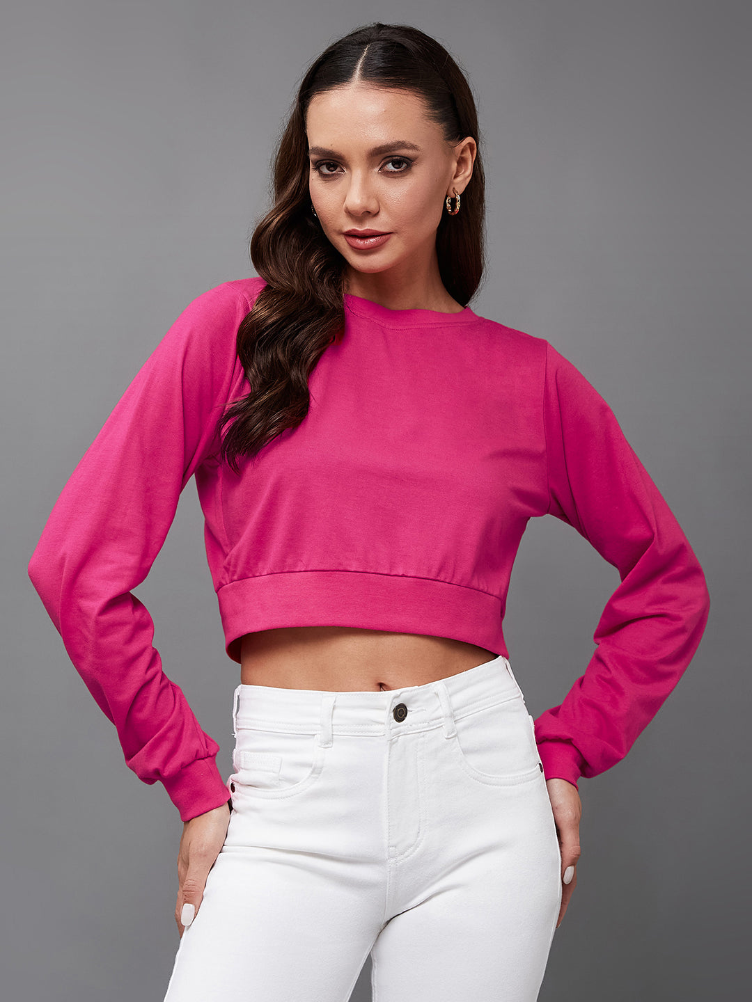 Women's Dark Pink Solid Full Sleeve Round Neck Cotton Crop Tops