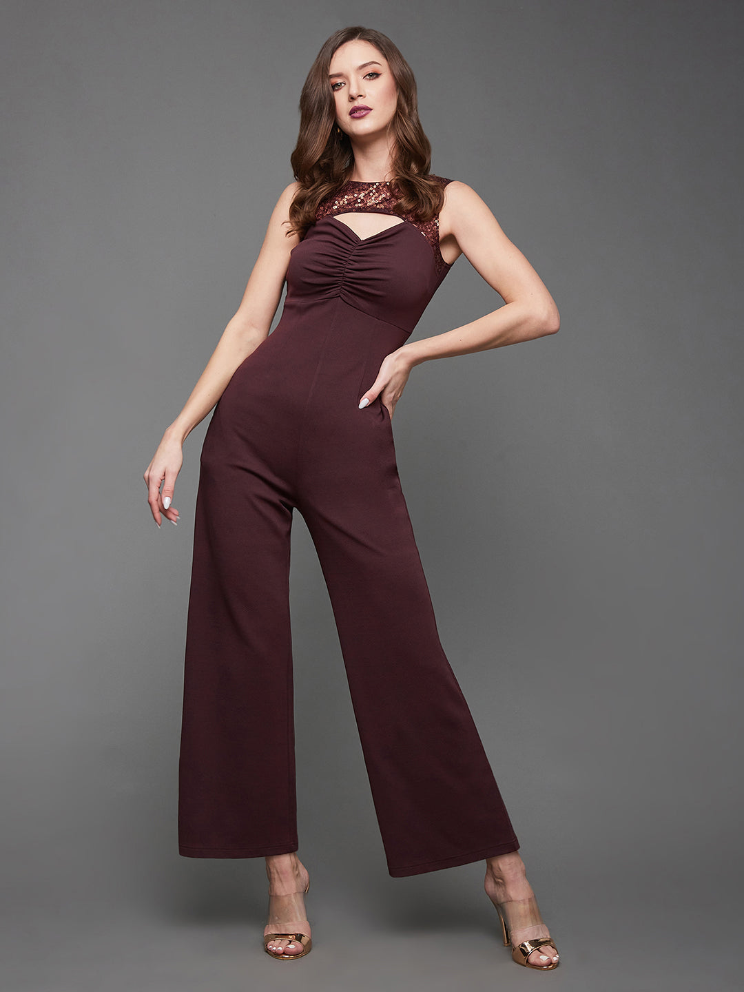 Crease Ease Cocktail Women's Wine Boat Neck Sleeveless Sequined Party Jumpsuit