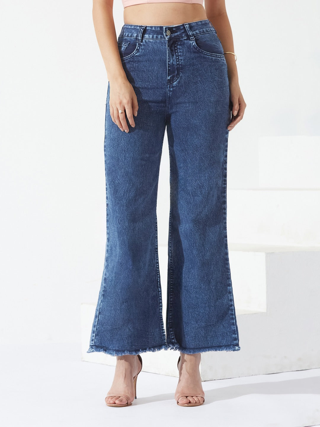 Navy-Blue Wide-Leg high-rise Stretchable Denim Jeans for Women