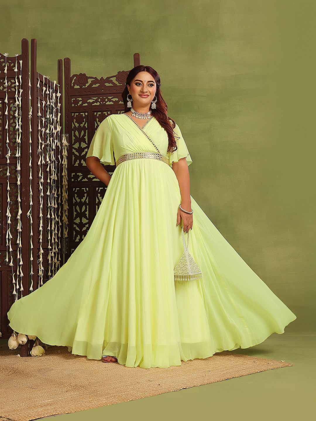 Women's Lemon Yellow V-Neck Flared-Sleeves Solid Georgette Fit & Flare Maxi Dress