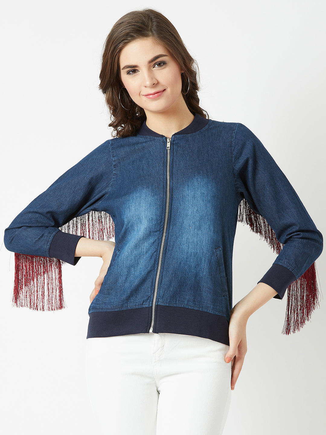 Women's Navy Blue V-Neck Full Sleeves Solid Bomber Regular Jacket