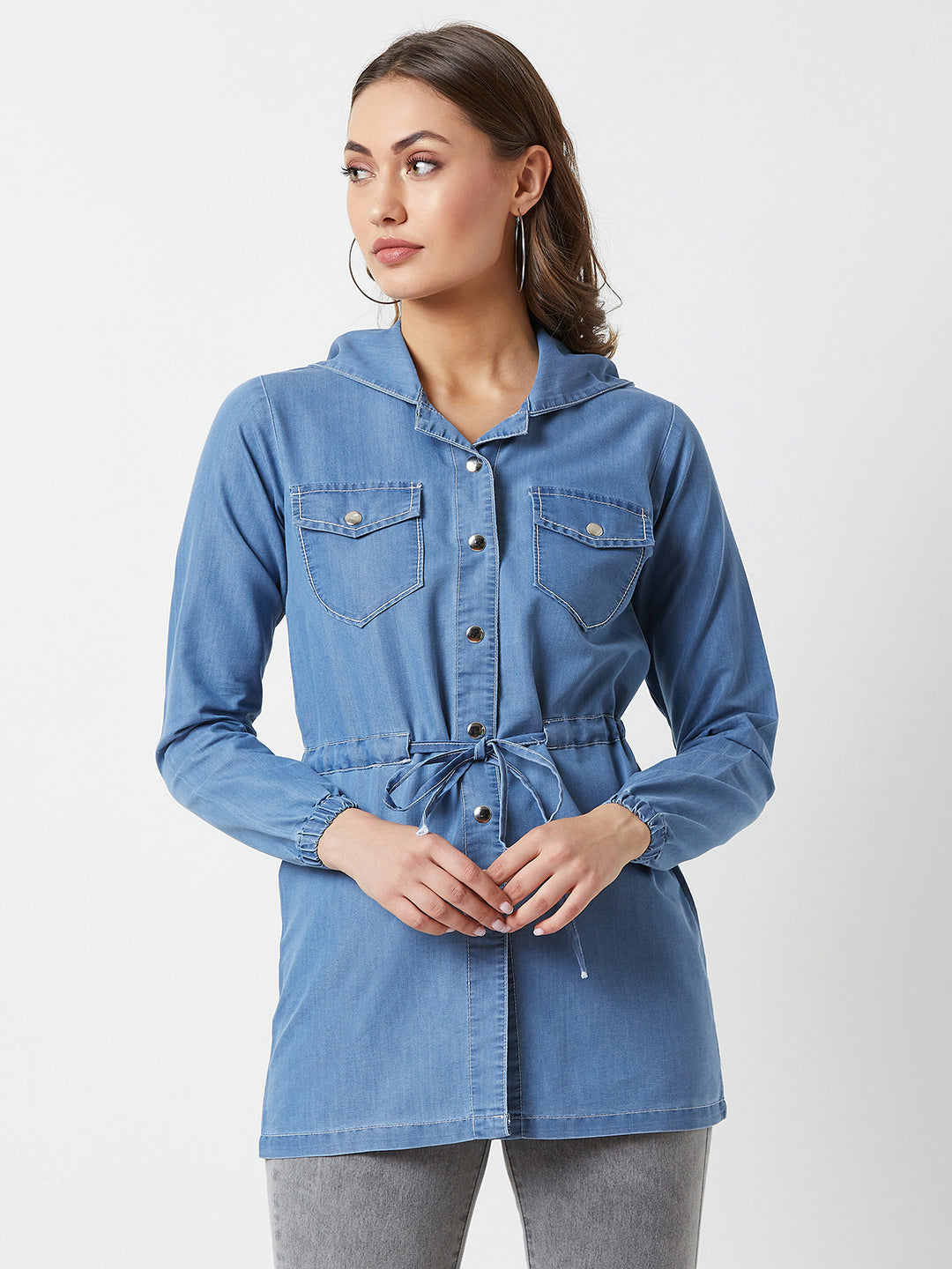 Women's Light Blue Round Neck Full Sleeve Solid hoody with tie-up Long Denim Jacket