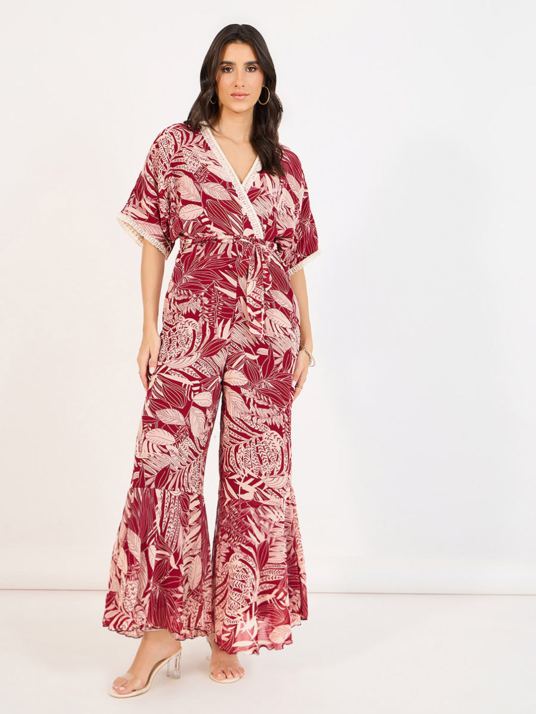 Women's Multicolored-Base-Maroon V-Neck Half Sleeve Floral Kimono Chiffon Jumpsuit