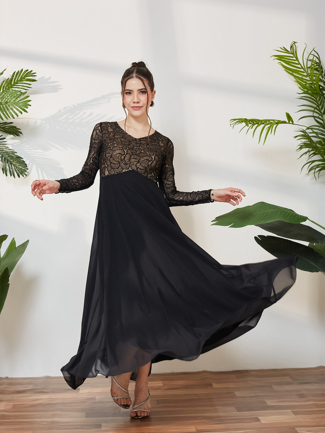 Black V-Neck Full Sleeve Self Design Lace-Overlaid Georgette Maxi Dress for Women