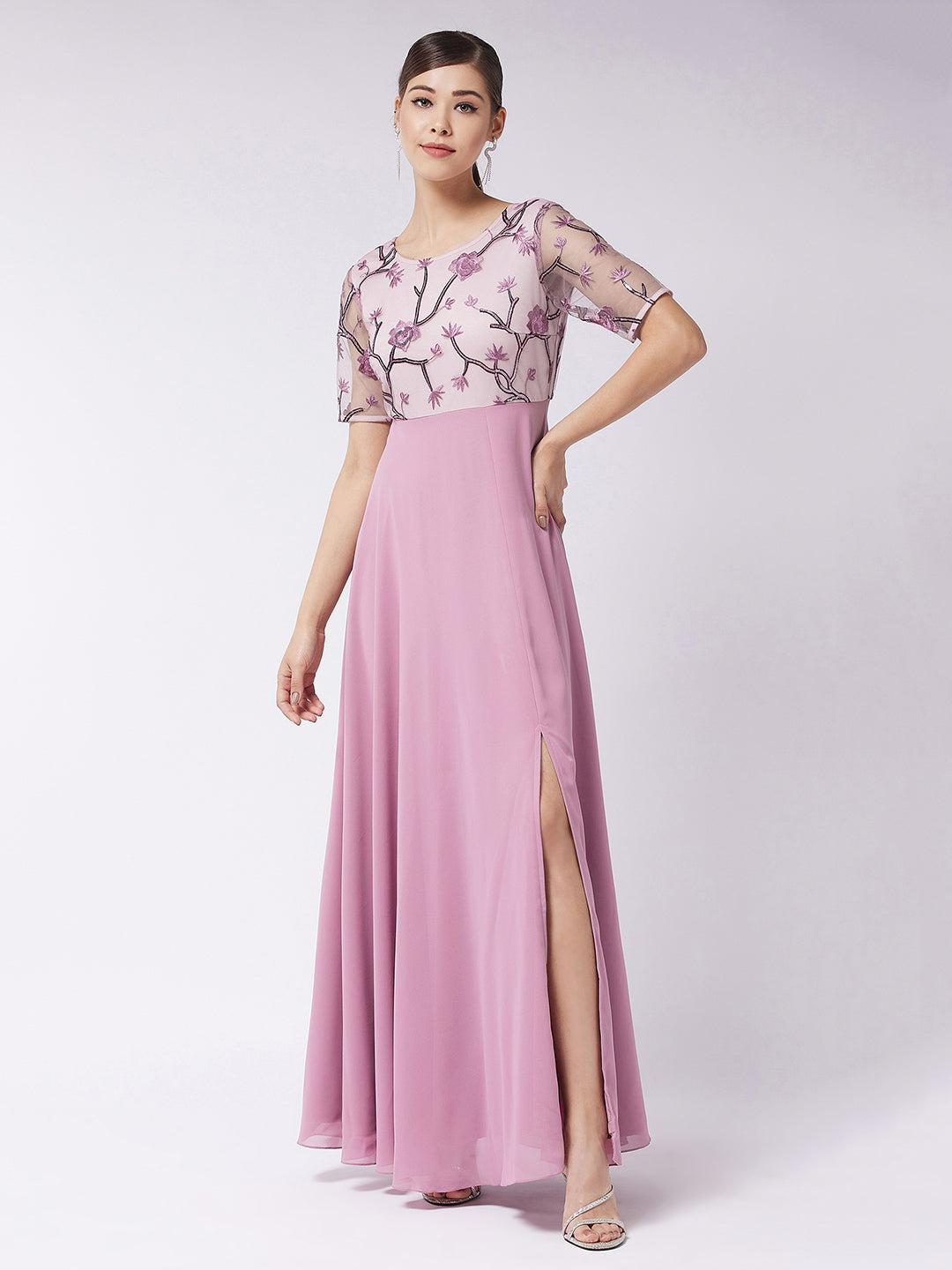Women's Dusty Lavender Round Neck Half Sleeve Solid Embellished Maxi Dress