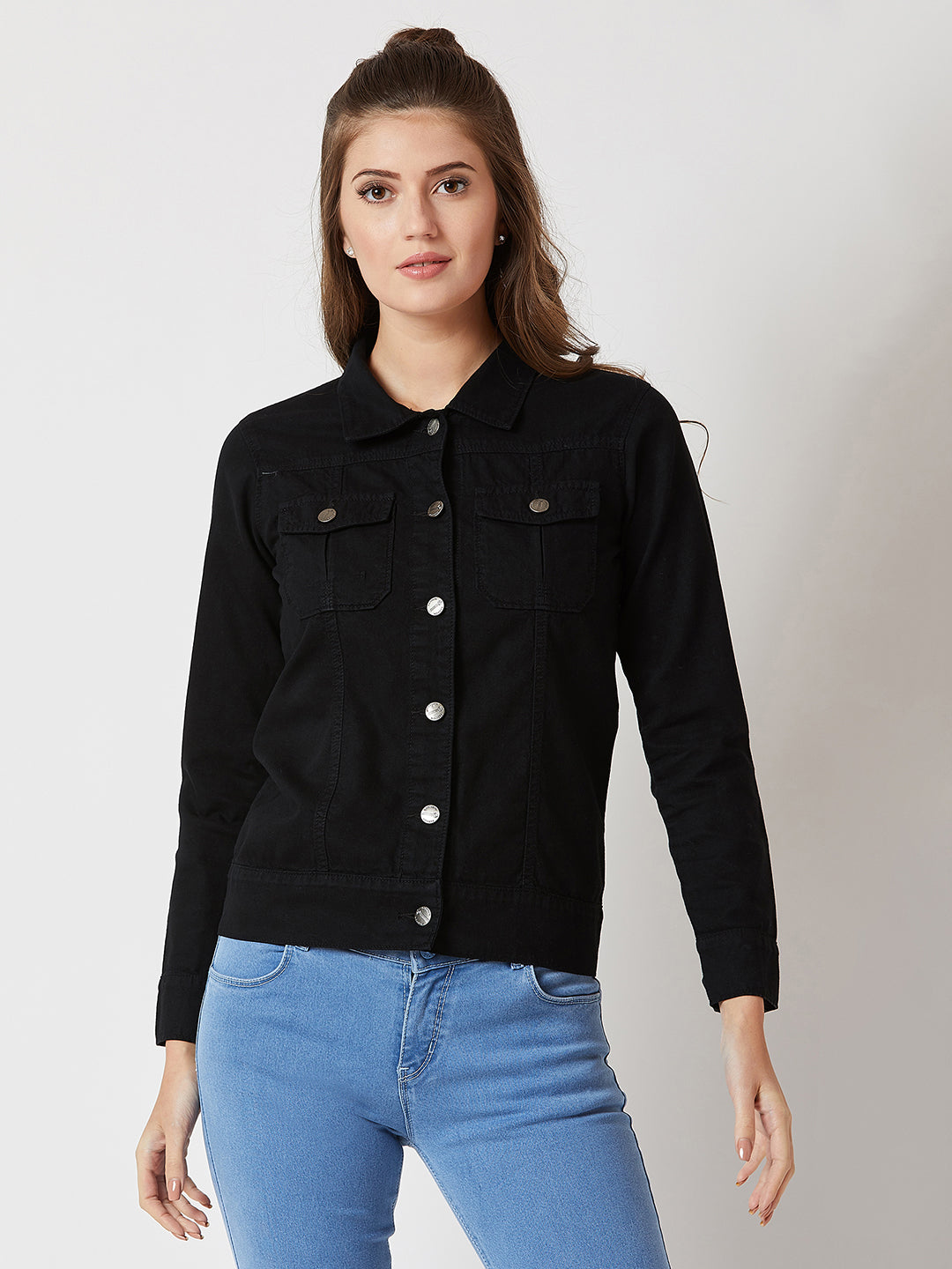 Women's Black over dyed Polo Neck Full Sleeves Patch Pocket Denim Metal Buttoned Jacket