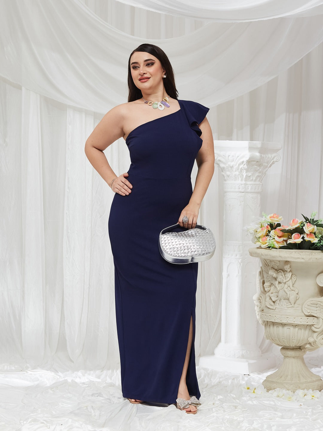 Navy Blue Solid One Shoulder Sleeveless Ruffled Maxi Dress for Women