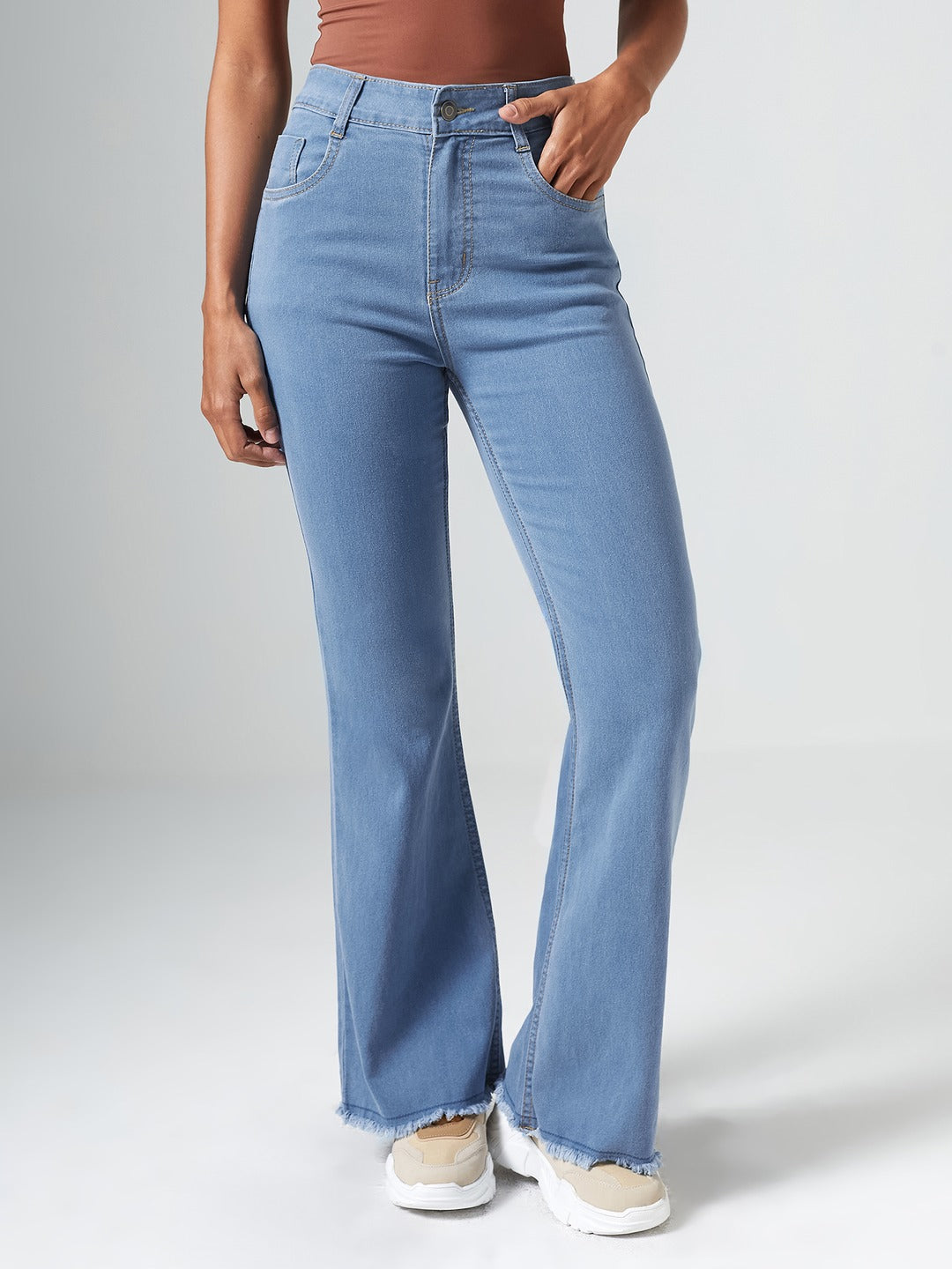Light Blue Bootcut High rise Clean look Regular Stretchable Denim Jeans for Women