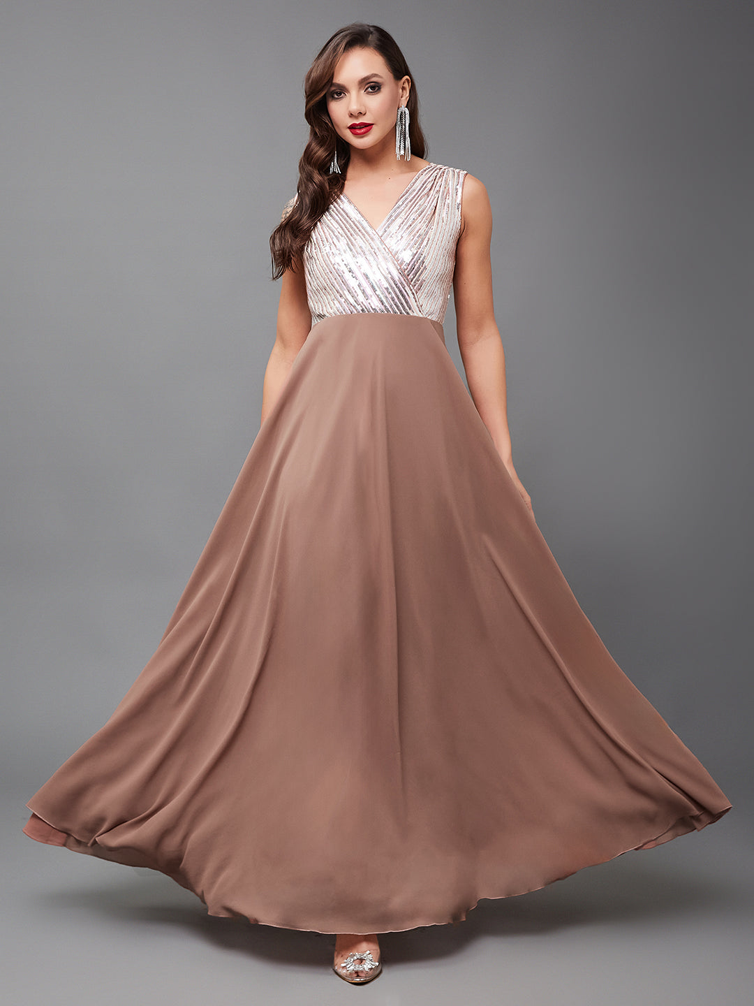 Women's Dusty Peach V-Neck Sleeveless Embellished Wrap Maxi Georgette Dress