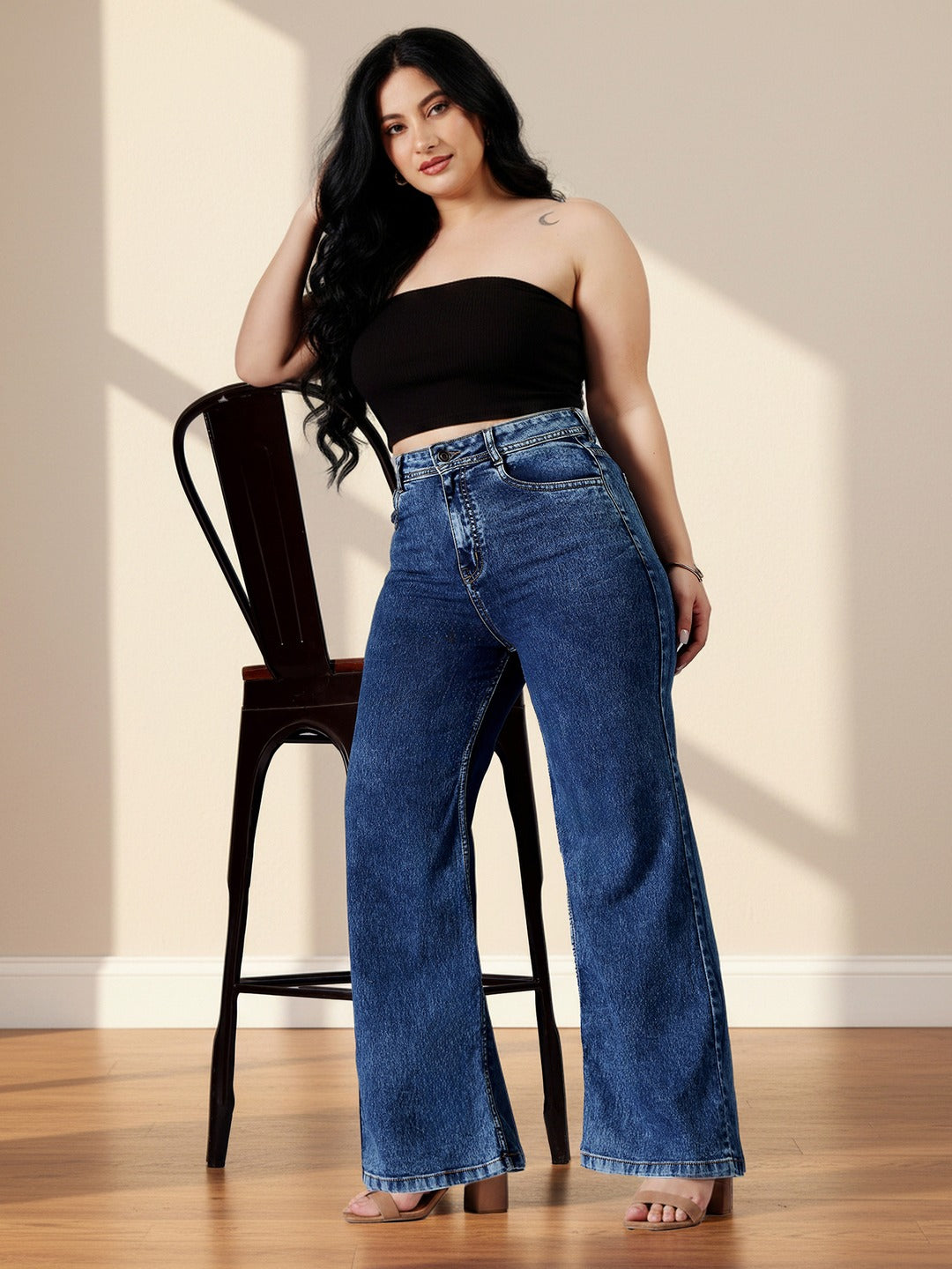 Mid Blue Wide-Leg High-Rise Stretchable Denim Jeans for Women