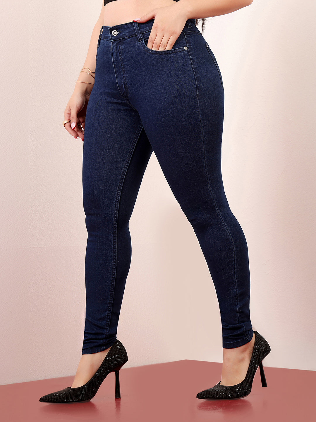 Women's Navy Blue Skinny-Fit Mid Rise Regular-Length Denim Stretchable Jeans