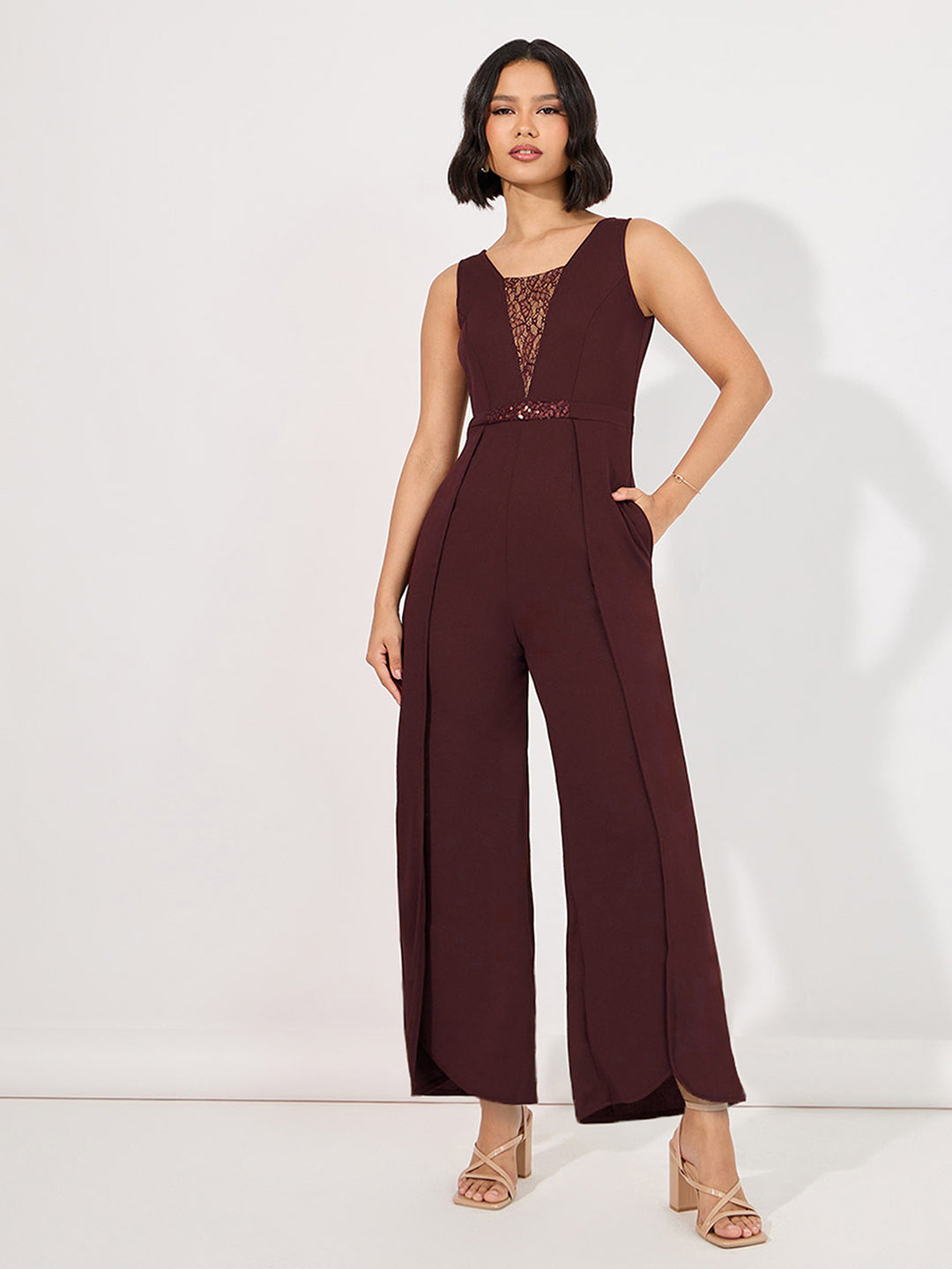 Women's Wine Square-Neck Sleeveless Embellished Layered Polyester Jumpsuit