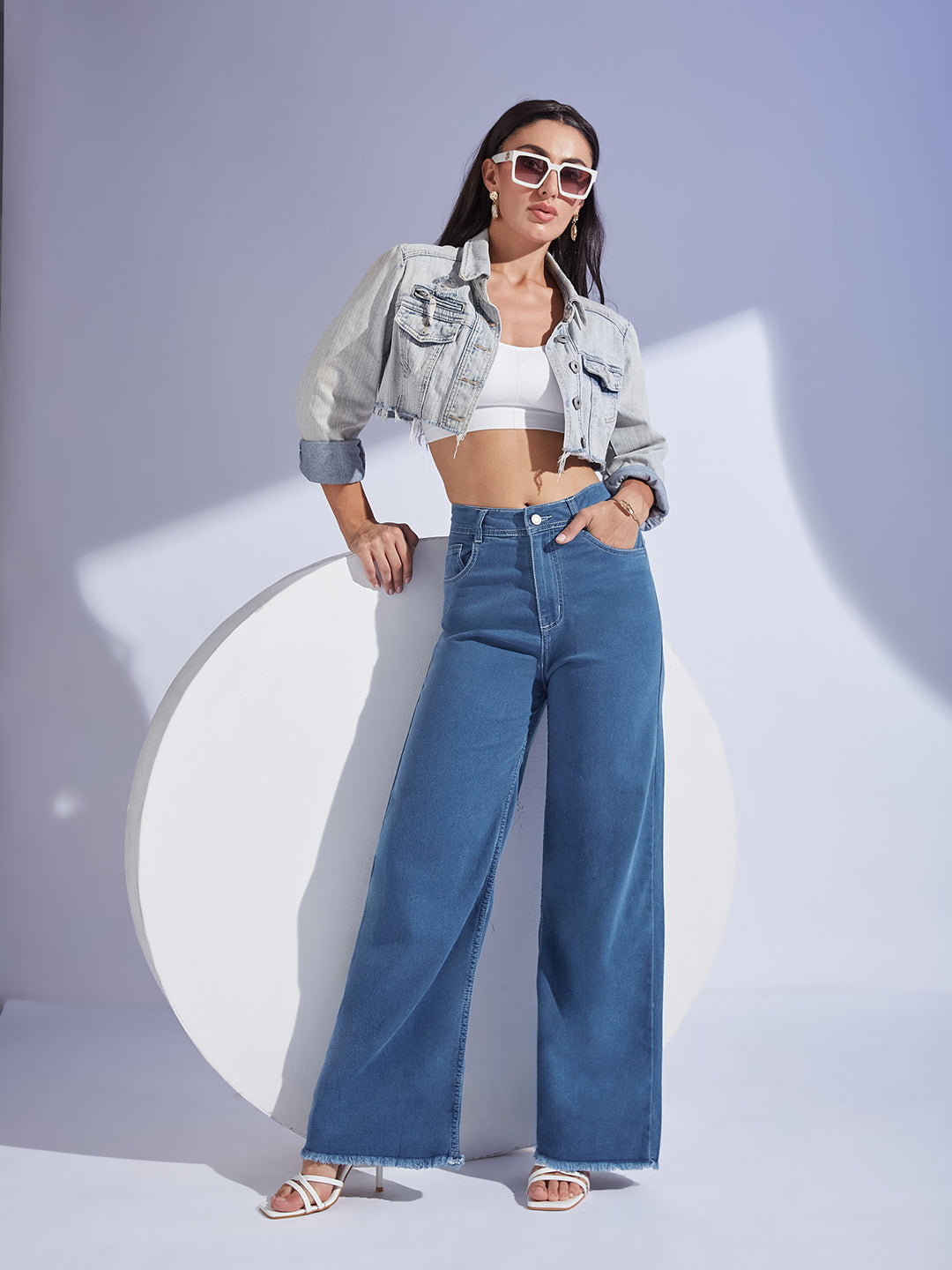 Women's Blue Wide-Leg High-Rise Clean-Look Regular-Length Stretchable Denim Jeans
