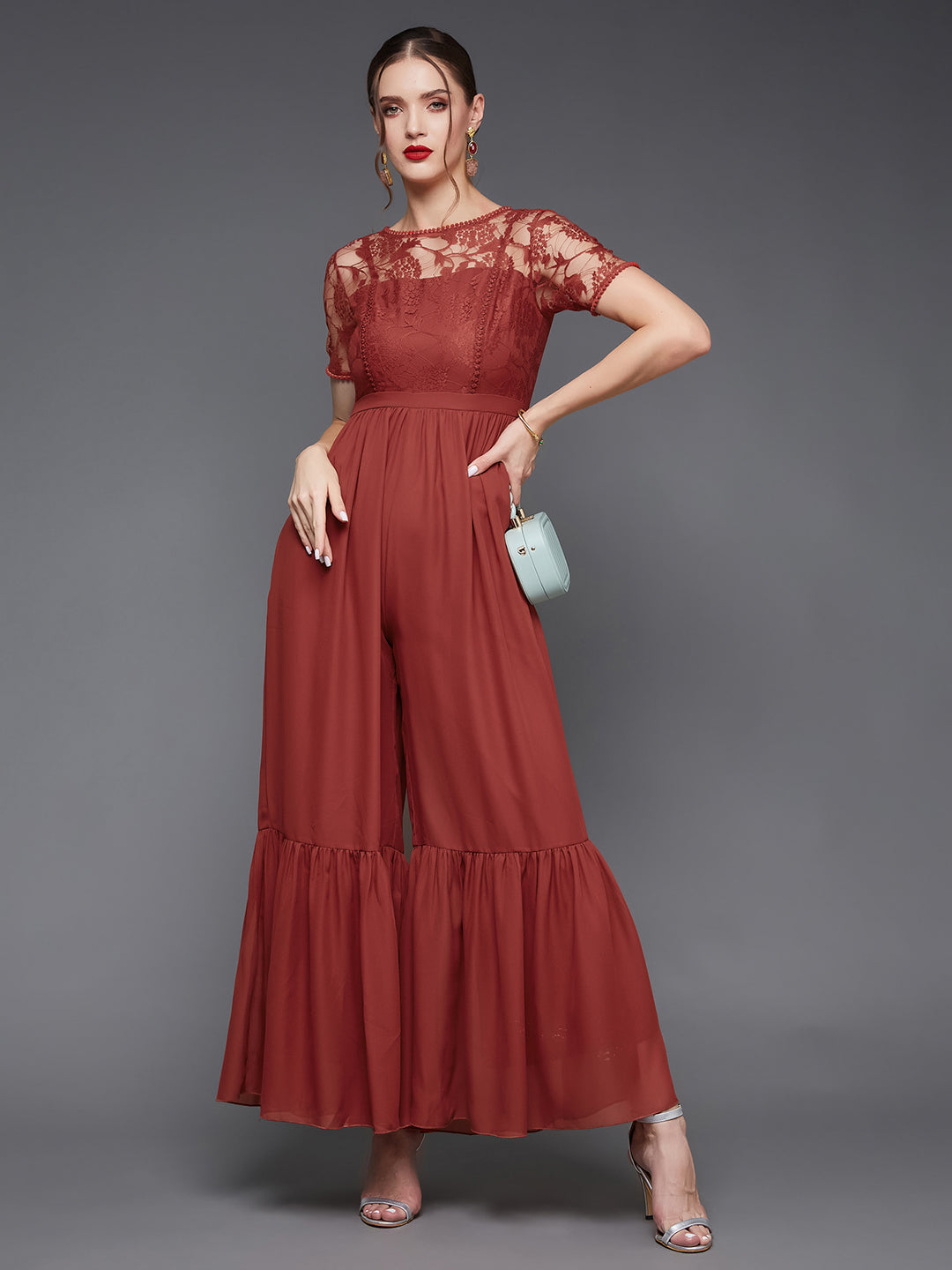 Women's Brick-Red Round Neck Short Sleeve Solid Lace Overlaid Regular Jumpsuit