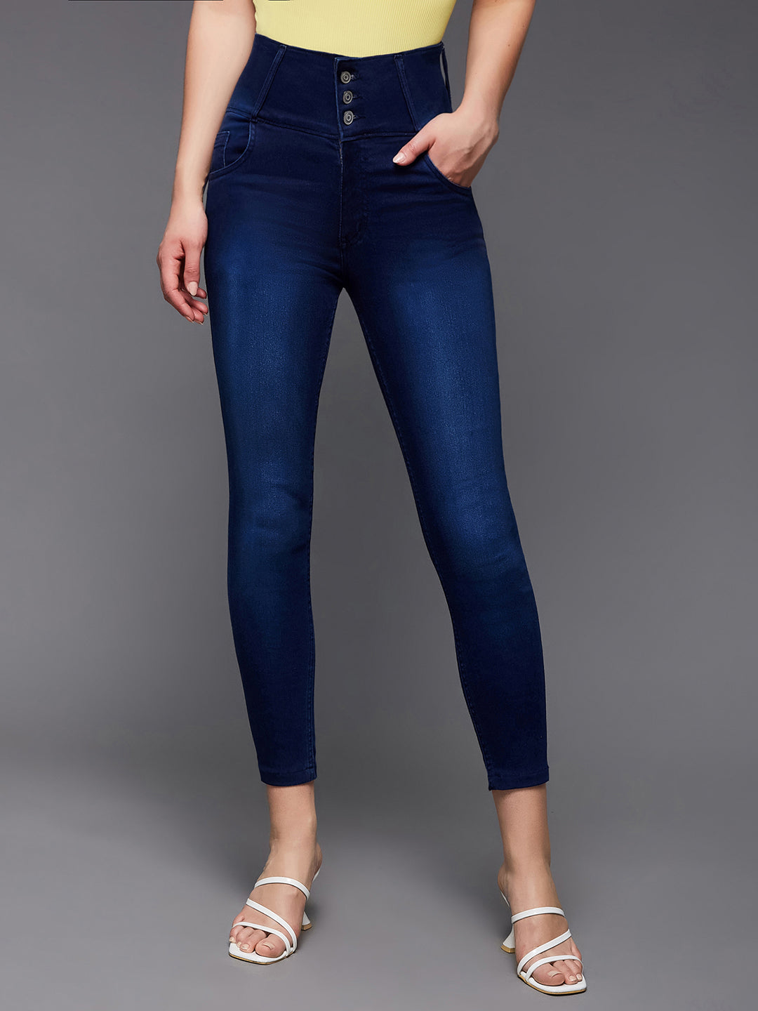 Women's Navy Blue Skinny Fit High Rise Clean Look Cropped Length Stretchable High Waist Denim Jeans