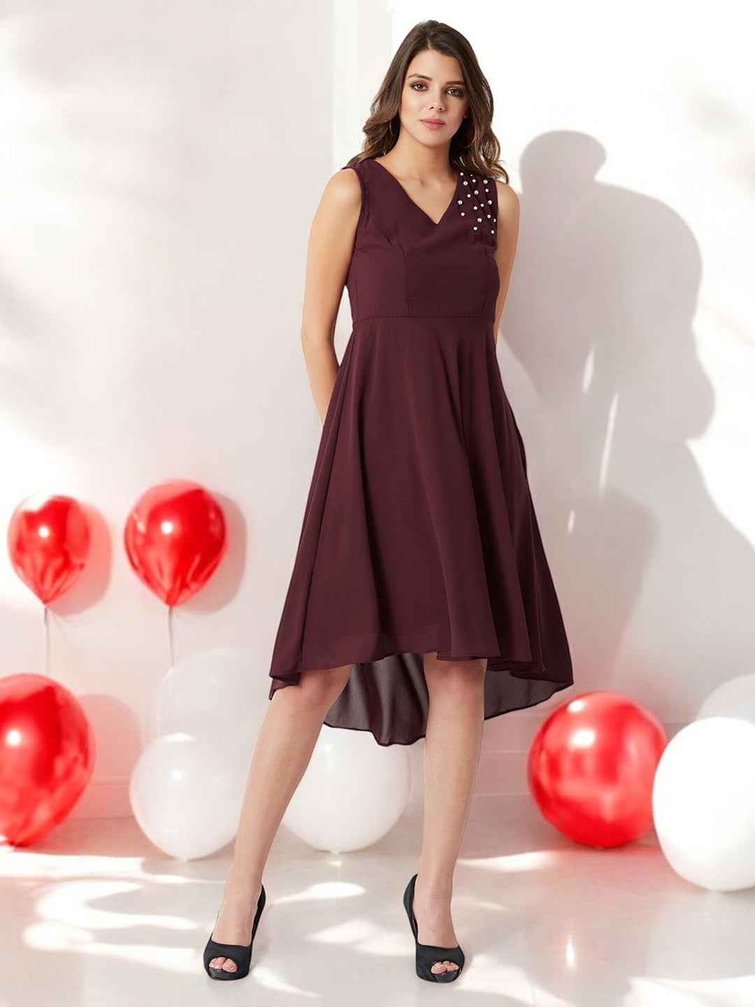 Women's Maroon V-Neck Sleeveless Solid Pearl Detailing Knee-Long High-low Skater Dress